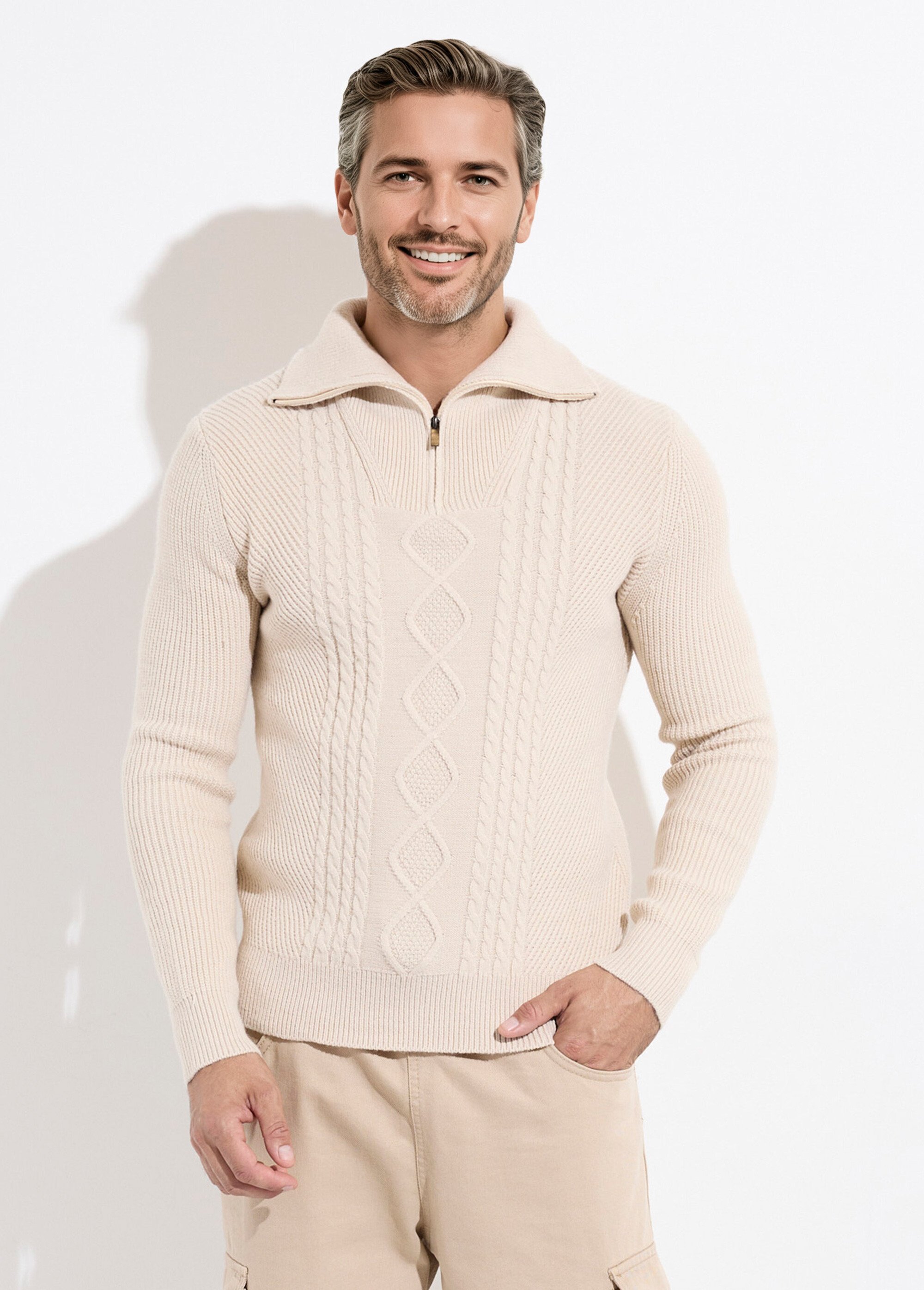 Pull col camionneur irlandais en laine Homme Beige MENW4-58111 FA1