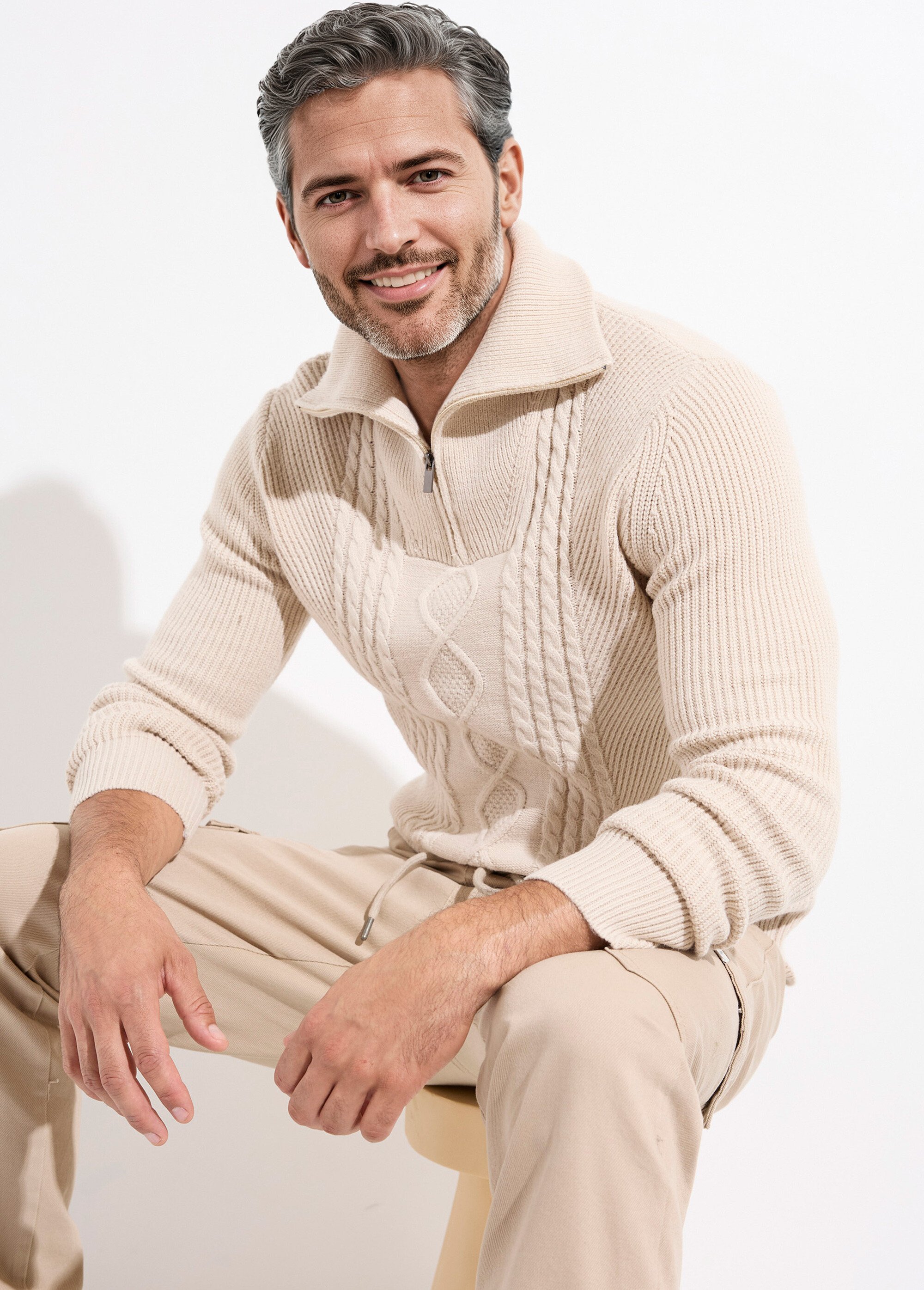 Pull col camionneur irlandais en laine Homme Beige MENW4-58111 MV1