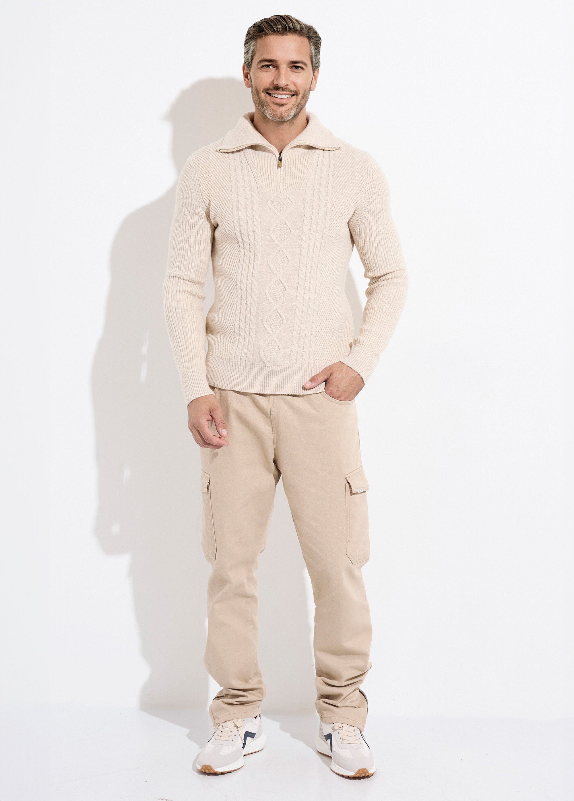 Pull col camionneur irlandais en laine Homme Beige MENW4-58111 SF1