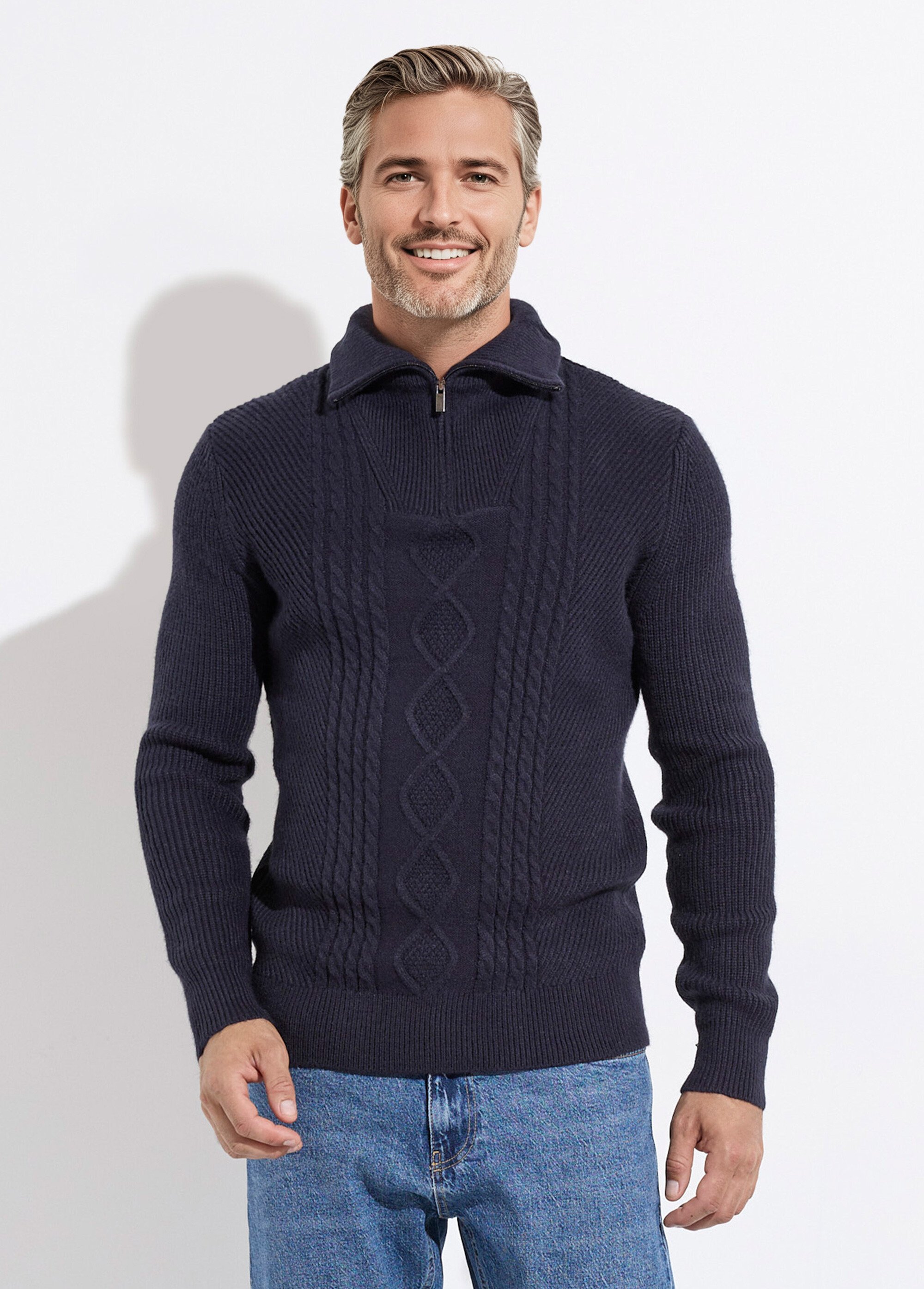 Pull col camionneur irlandais en laine Homme Bleu MENW4-58111 FA1