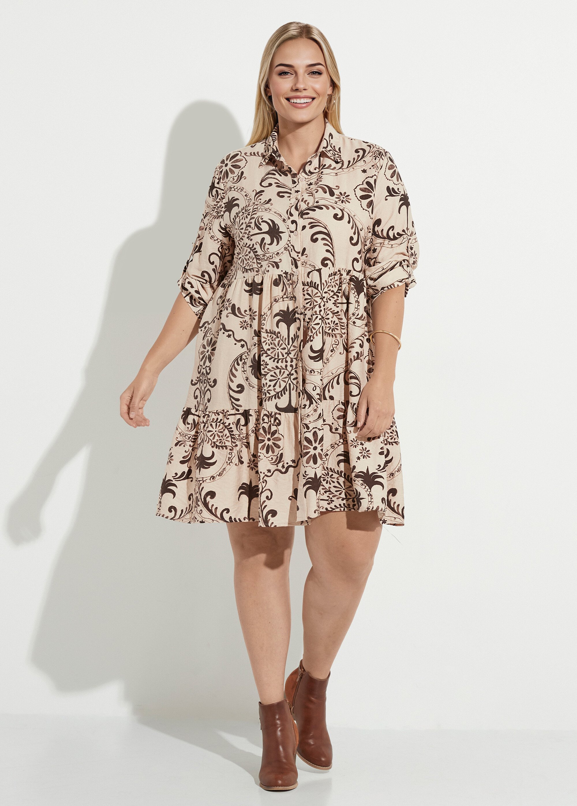 Robe chemisier volantée, motif acanthes Femme Grande Taille Beige CHY-R543-1 FA1