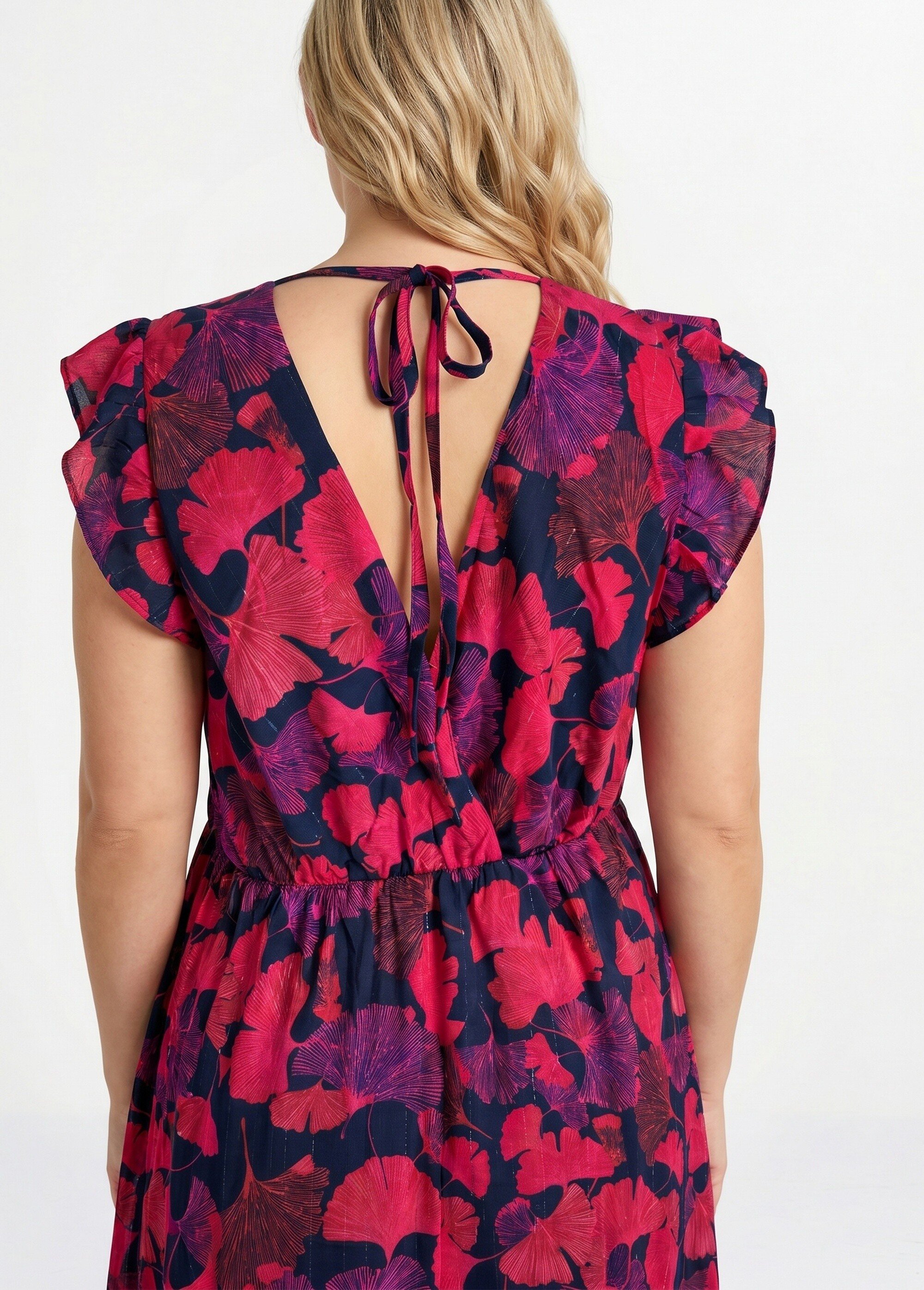 Robe courte cache cœur, imprimé ginkgo Femme Grande Taille Rose MA-438-1352DP DE2