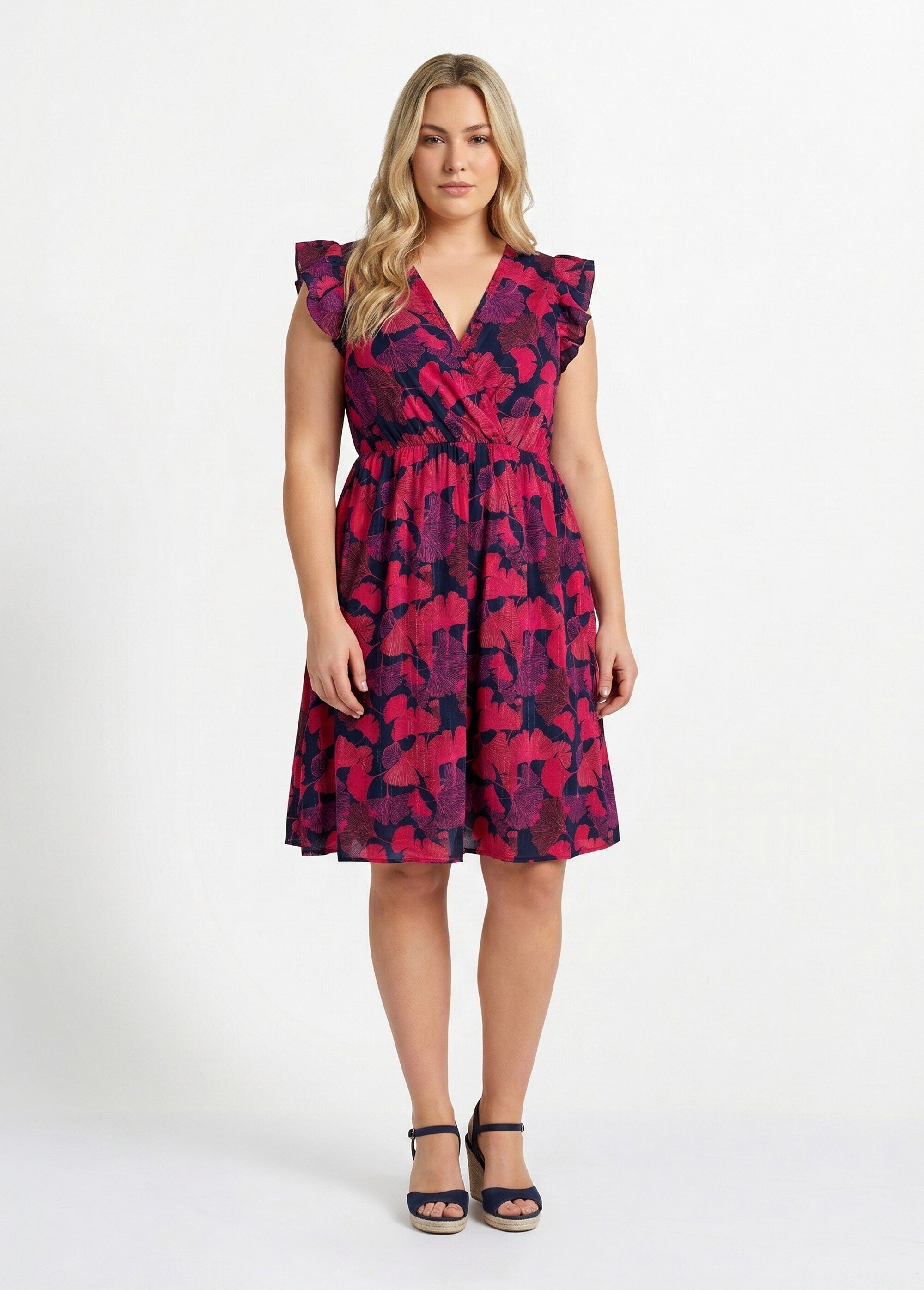 Robe courte cache cœur, imprimé ginkgo Femme Grande Taille Rose MA-438-1352DP FA1