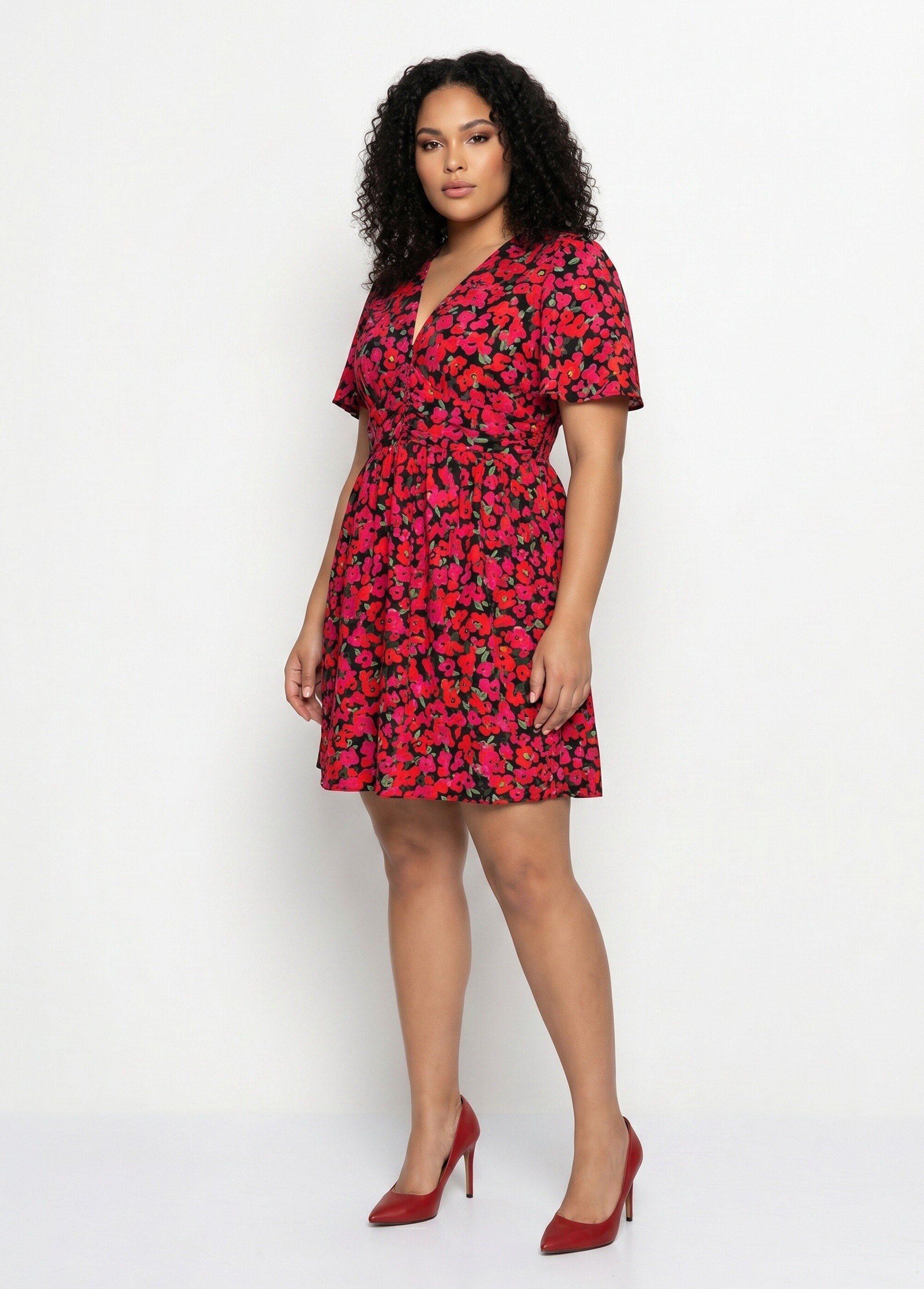 Robe courte imprimé fleuri encolure V Femme Rose MA-1163-1336 FA1