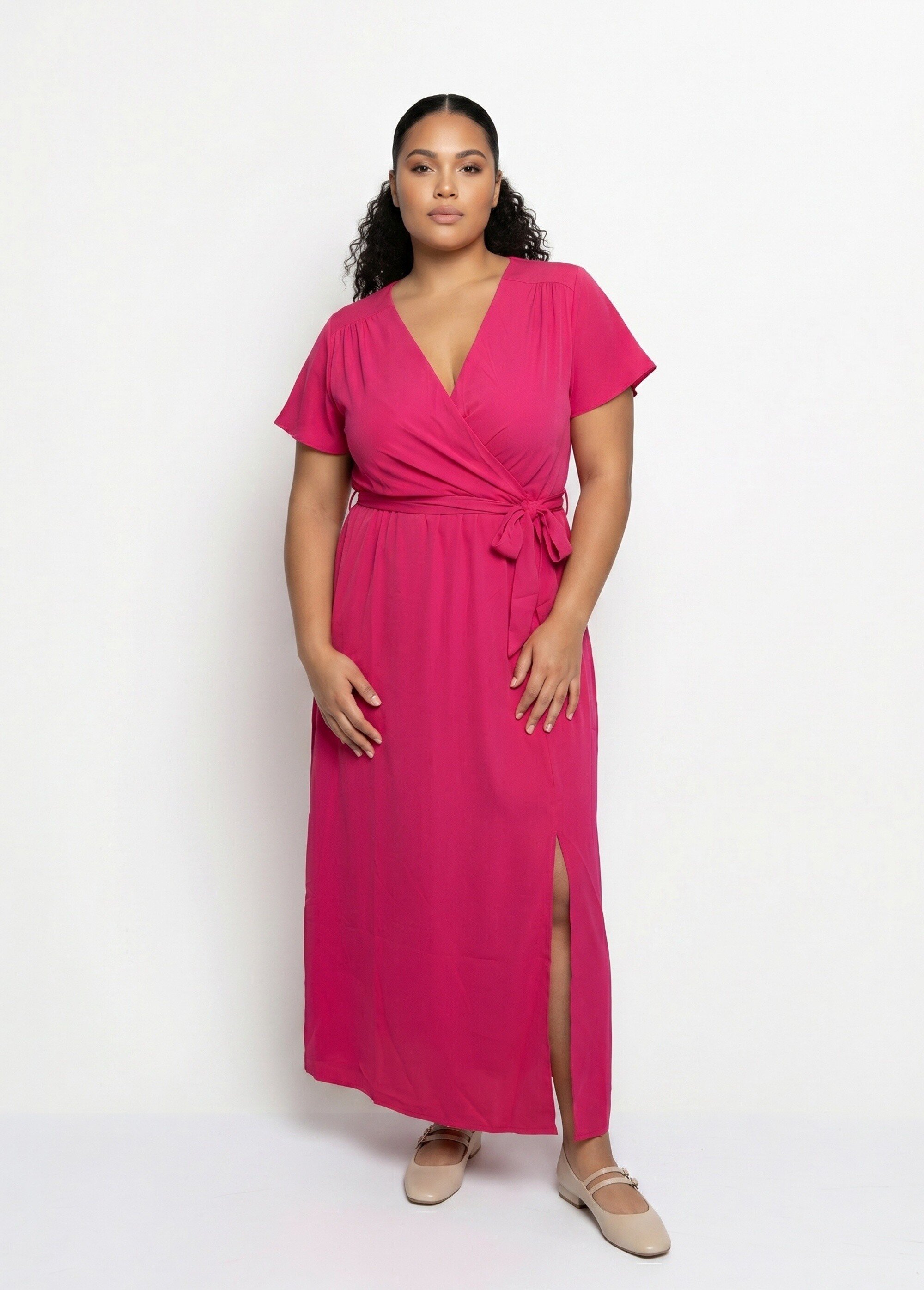 Robe housse longue, ceinture à nouer Femme Grande Taille Rose MA-805-1207DP FA1