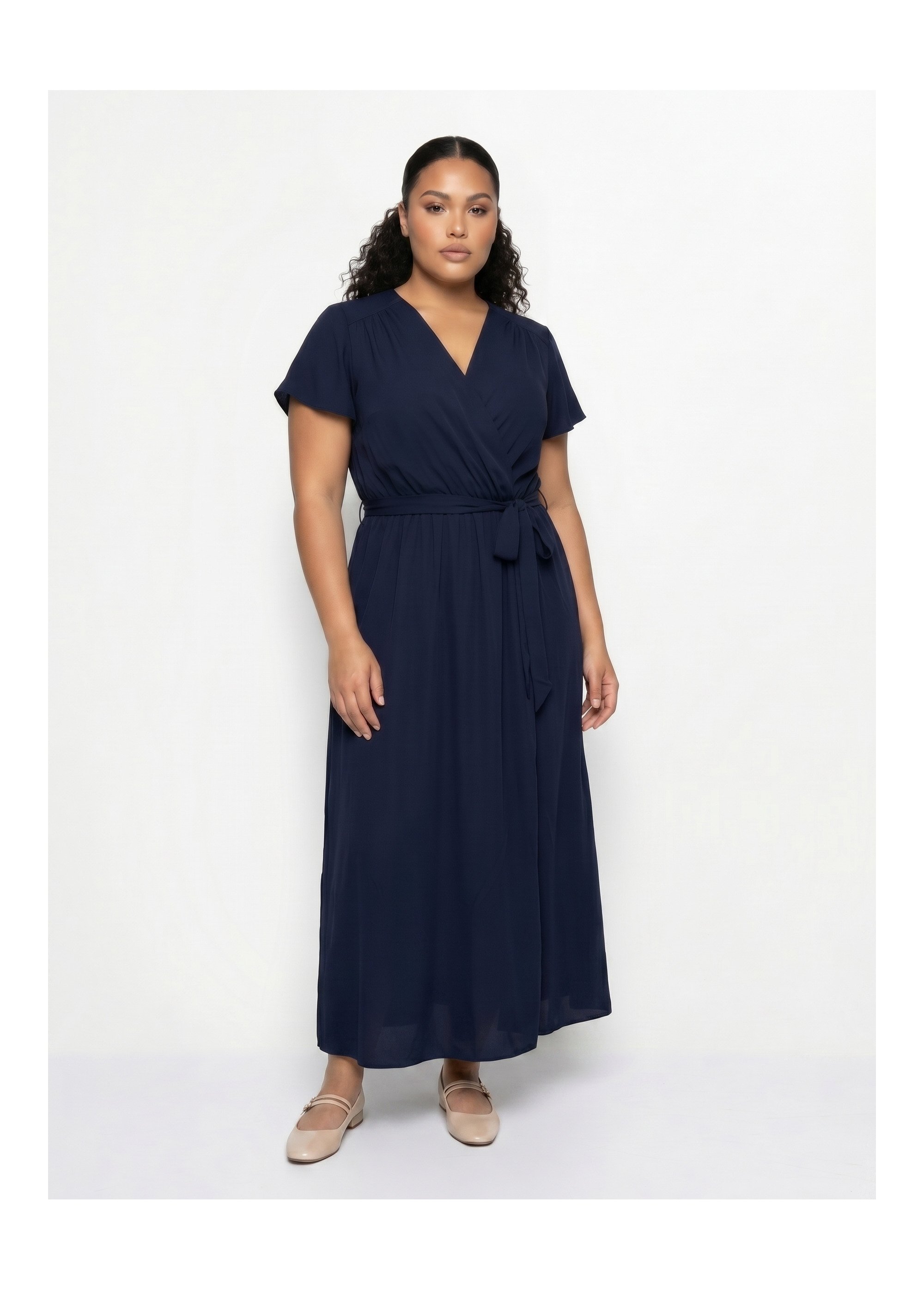 Robe housse longue, ceinture à nouer Femme Grande Taille Bleu MA-805-1207DP FA1