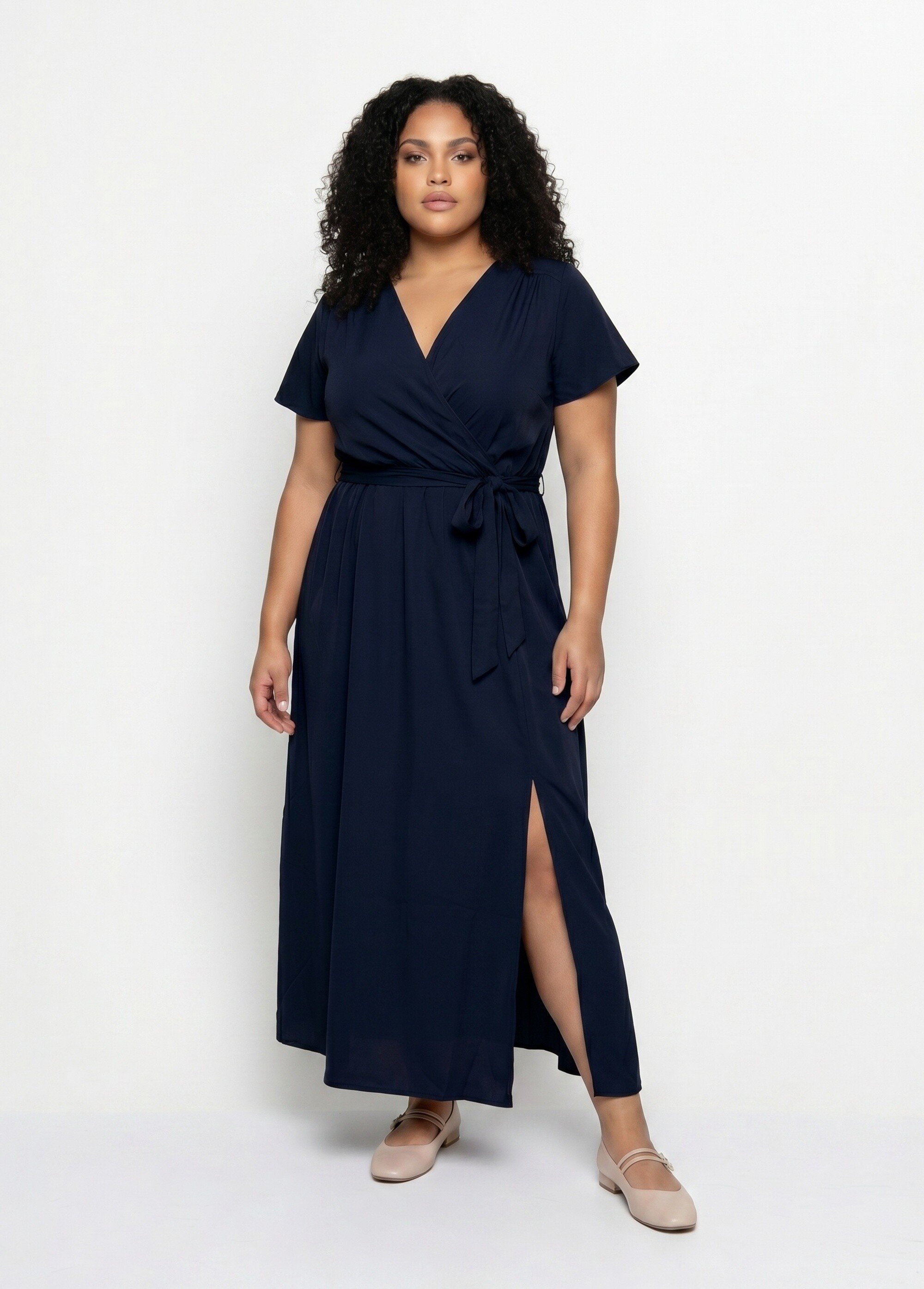 Robe housse longue, ceinture à nouer Femme Grande Taille Bleu MA-805-1207DP MV1