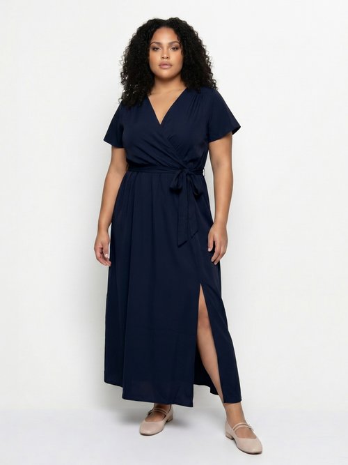Robe housse longue, ceinture à nouer Femme Grande Taille Bleu MA-805-1207DP MV1