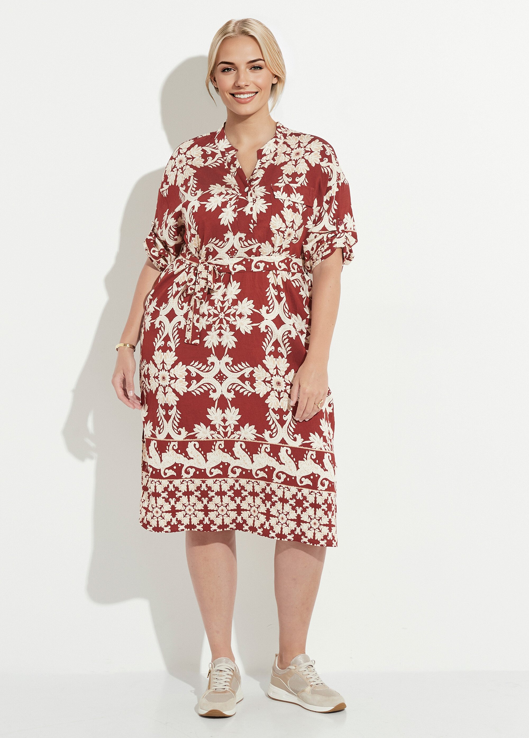 Robe longue à ceinturer imprimé fleuri Femme Grande Taille Rouge CHY-AQ02 FA1