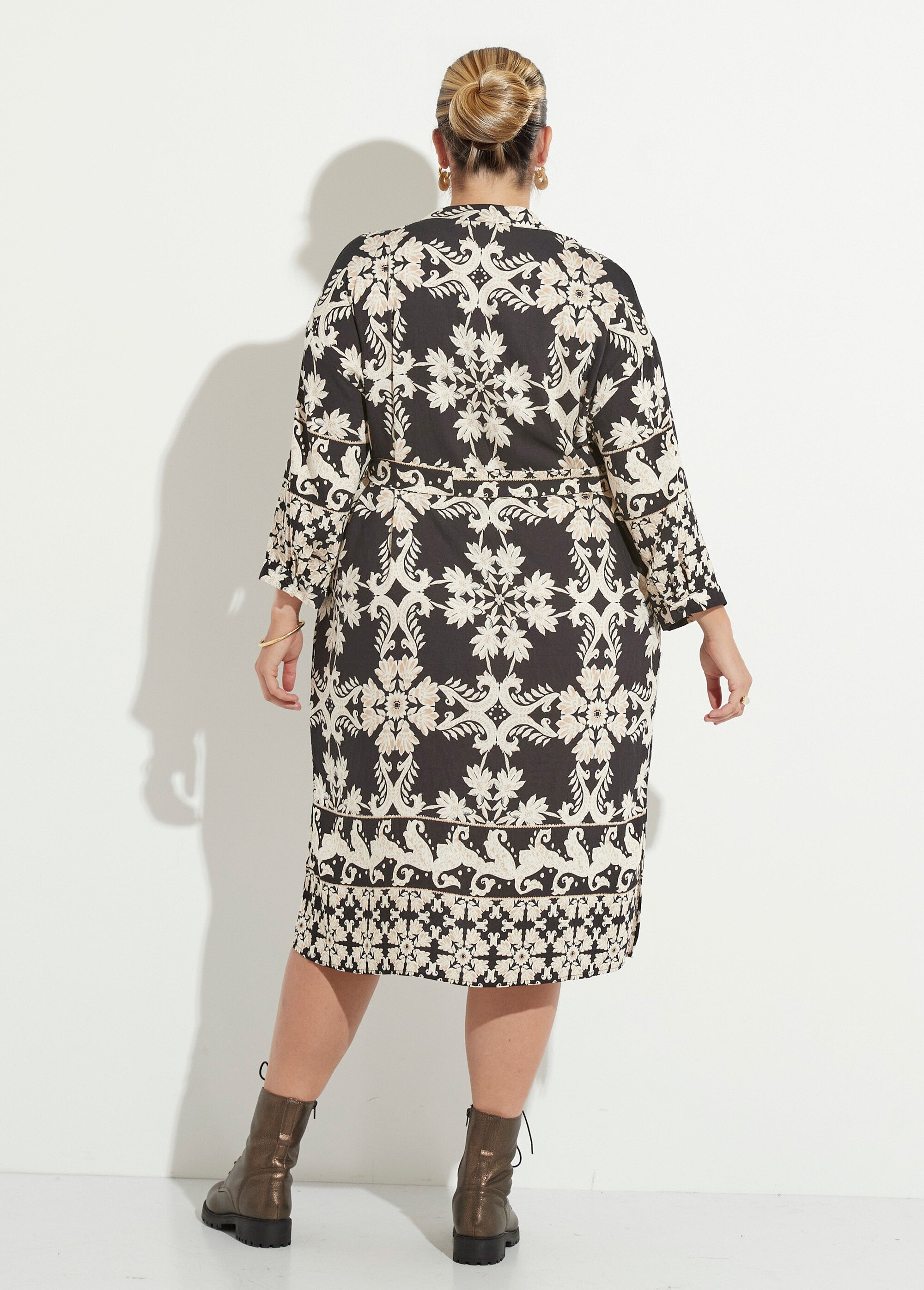 Robe longue à ceinturer imprimé fleuri Femme Grande Taille Noir CHY-AQ02 DO1