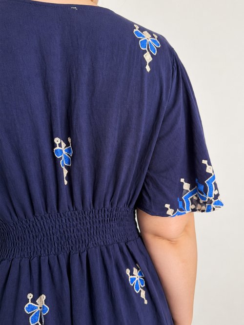 Robe longue col V, broderies ethniques Femme Grande Taille Bleu MA-M057-2711 DE2