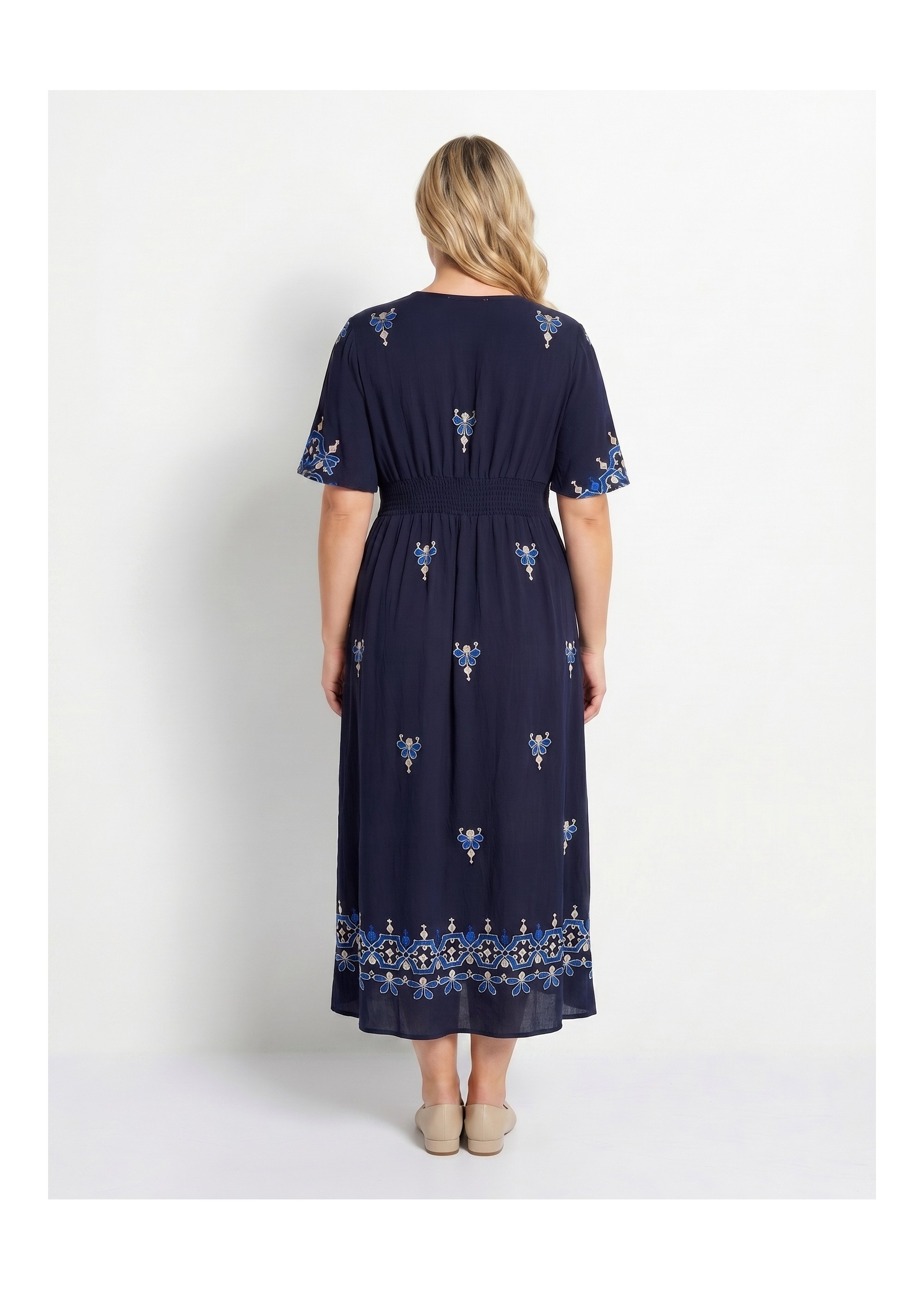 Robe longue col V, broderies ethniques Femme Grande Taille Bleu MA-M057-2711 DO1