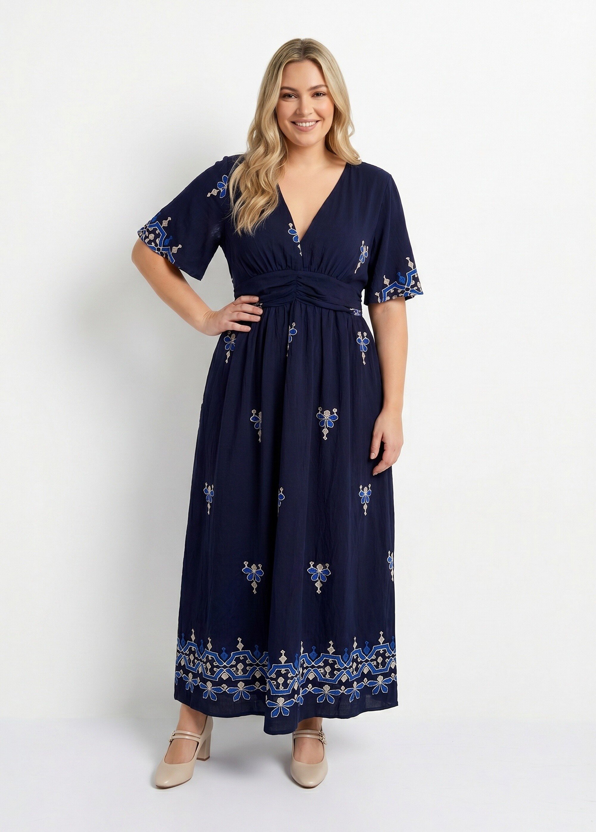 Robe longue col V, broderies ethniques Femme Grande Taille Bleu MA-M057-2711 FA1