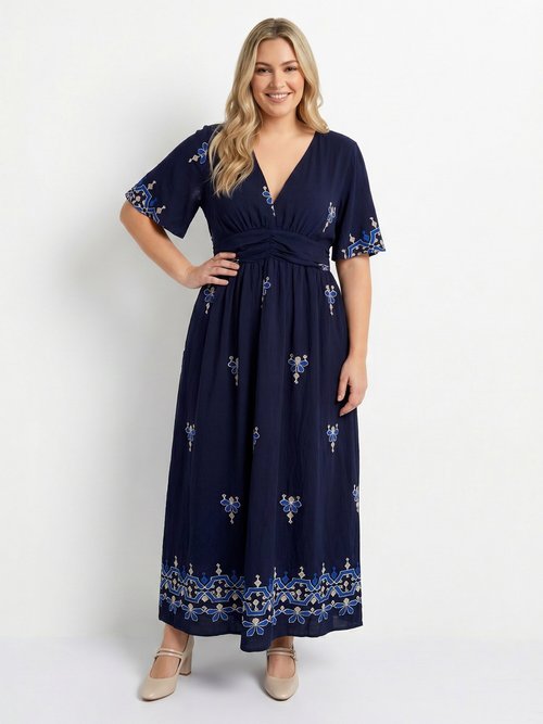 Robe longue col V, broderies ethniques Femme Grande Taille Bleu MA-M057-2711 FA1