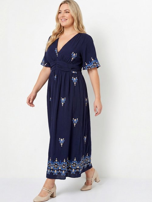 Robe longue col V, broderies ethniques Femme Grande Taille Bleu MA-M057-2711 MV1
