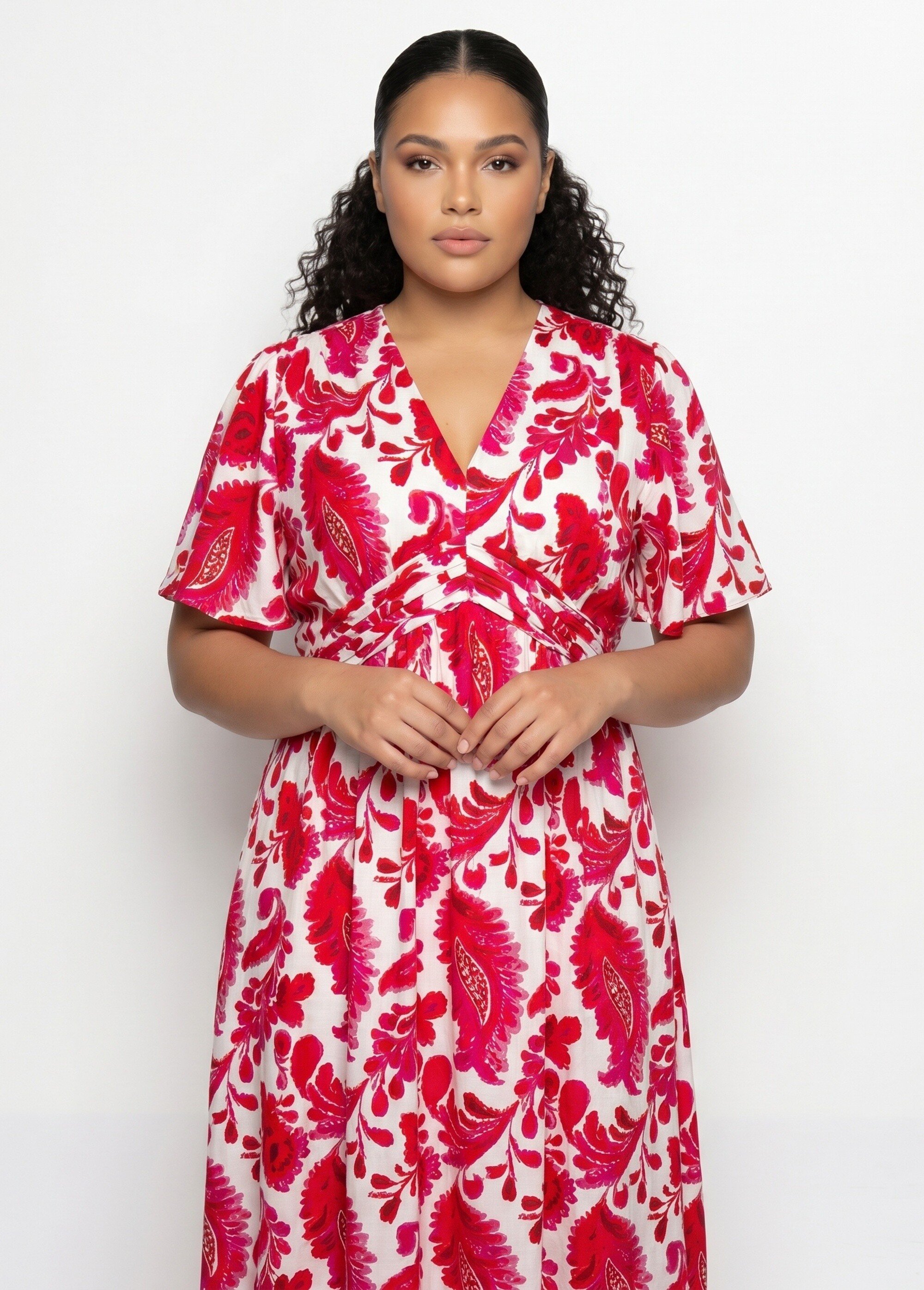 Robe longue imprimée, taille plissée Femme Grande Taille Rose MA-M1107-2601 DE1