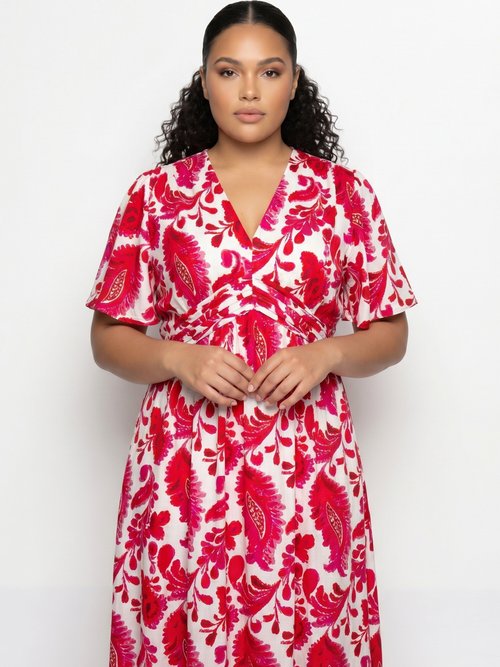 Robe longue imprimée, taille plissée Femme Grande Taille Rose MA-M1107-2601 DE1