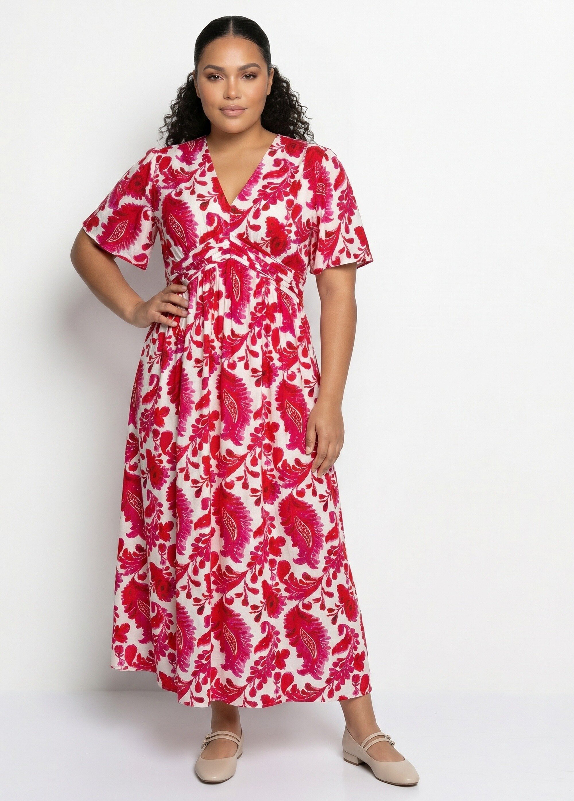 Robe longue imprimée, taille plissée Femme Grande Taille Rose MA-M1107-2601 FA1