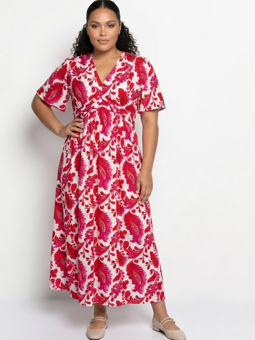 Robe longue imprimée, taille plissée Femme Grande Taille Rose MA-M1107-2601 FA1