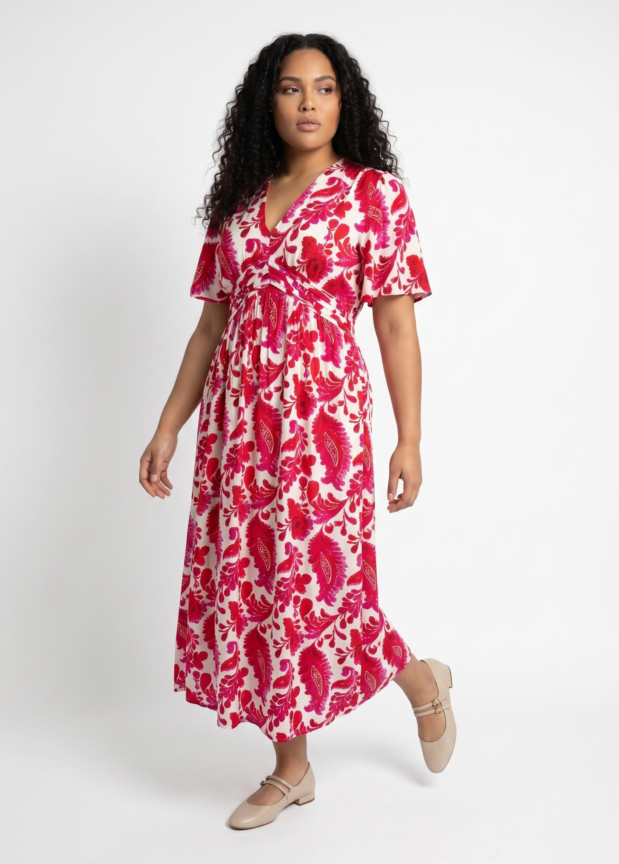 Robe longue imprimée, taille plissée