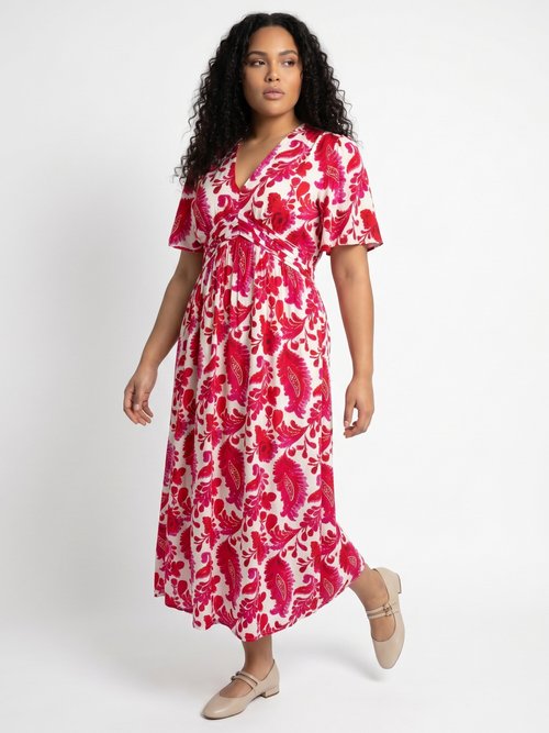 Robe longue imprimée, taille plissée Femme Grande Taille Rose MA-M1107-2601 MV1