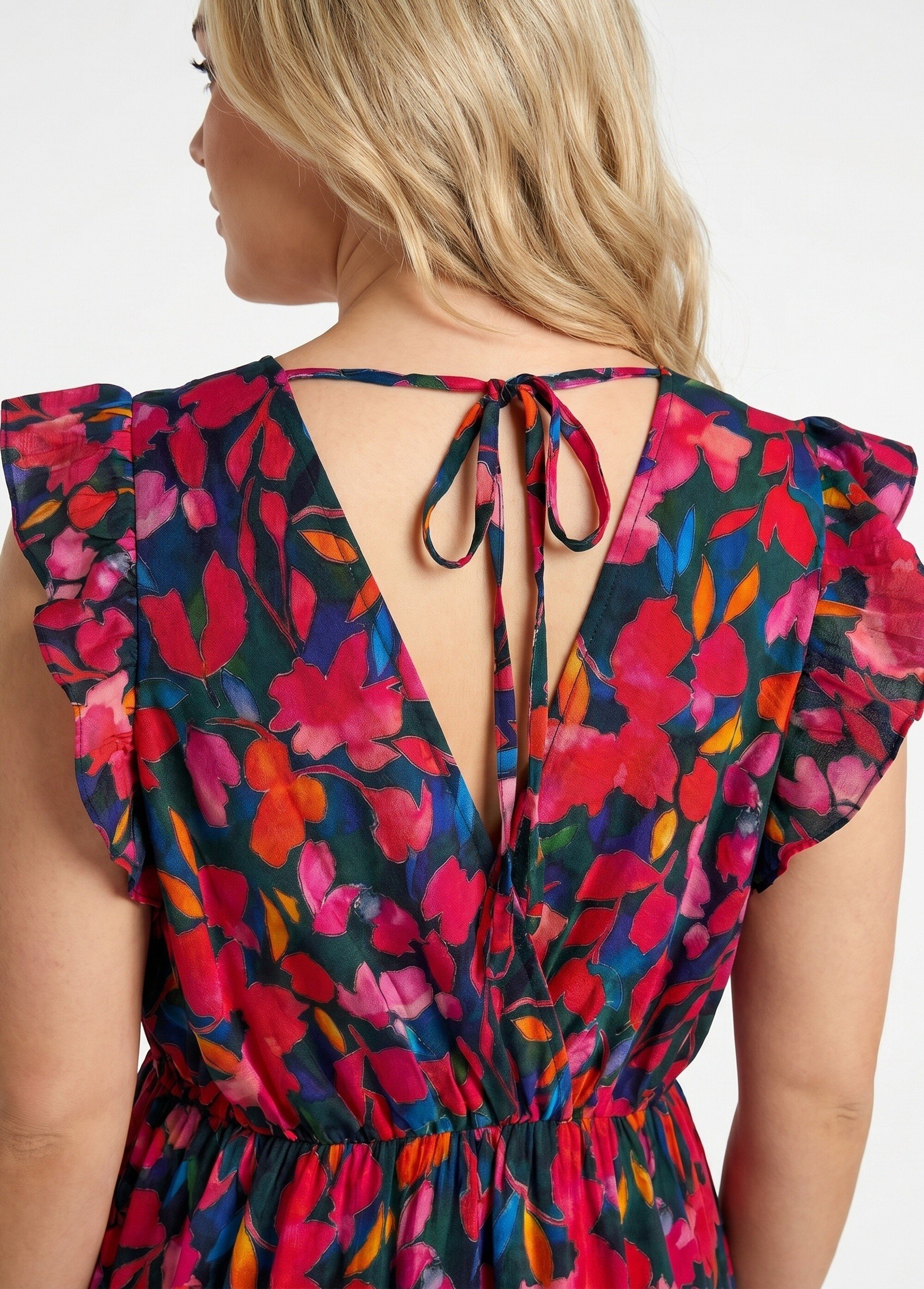 Robe longues sans manches motif fleuri Femme Grande Taille Rouge MA-759-2701 DE2