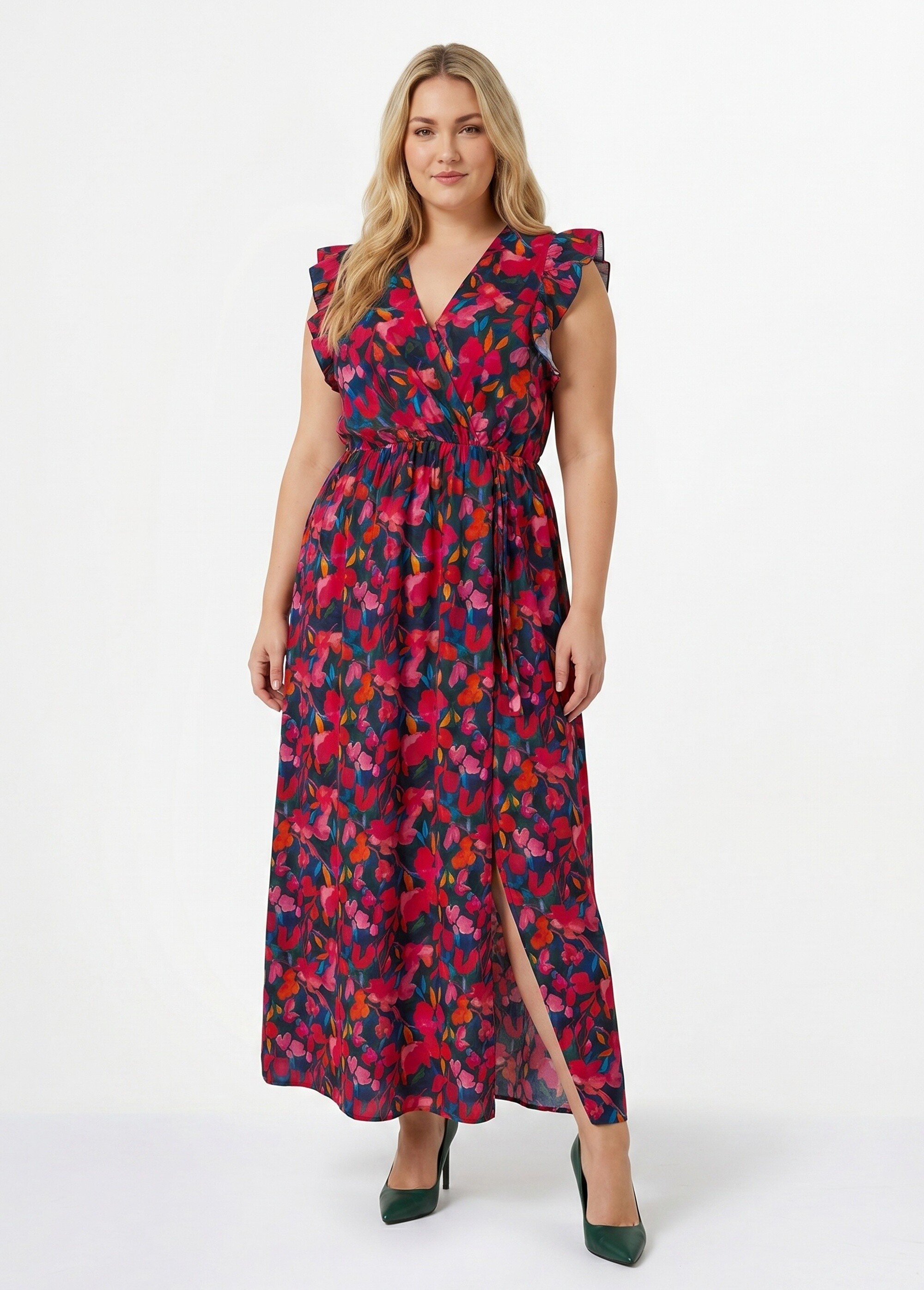 Robe longues sans manches motif fleuri Femme Grande Taille Rouge MA-759-2701 FA1