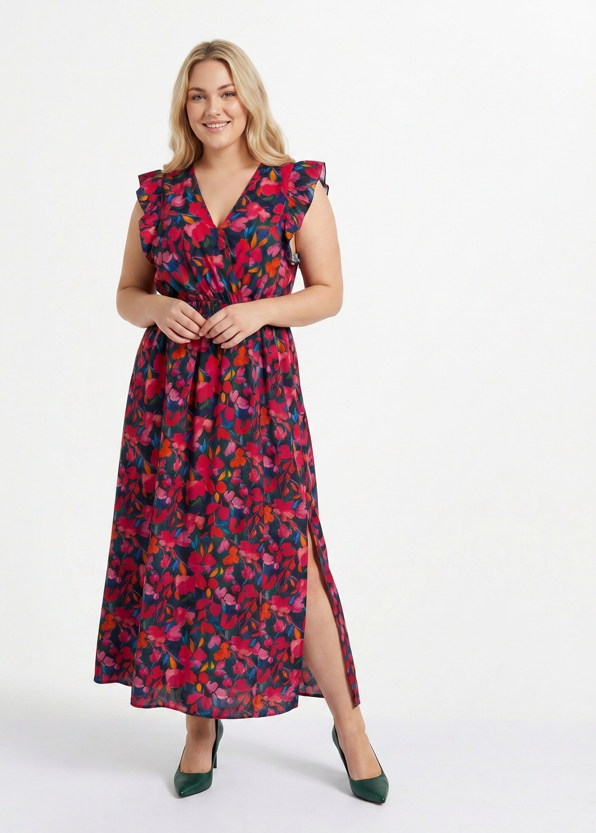 Robe longues sans manches motif fleuri Femme Grande Taille Rouge MA-759-2701 MV1