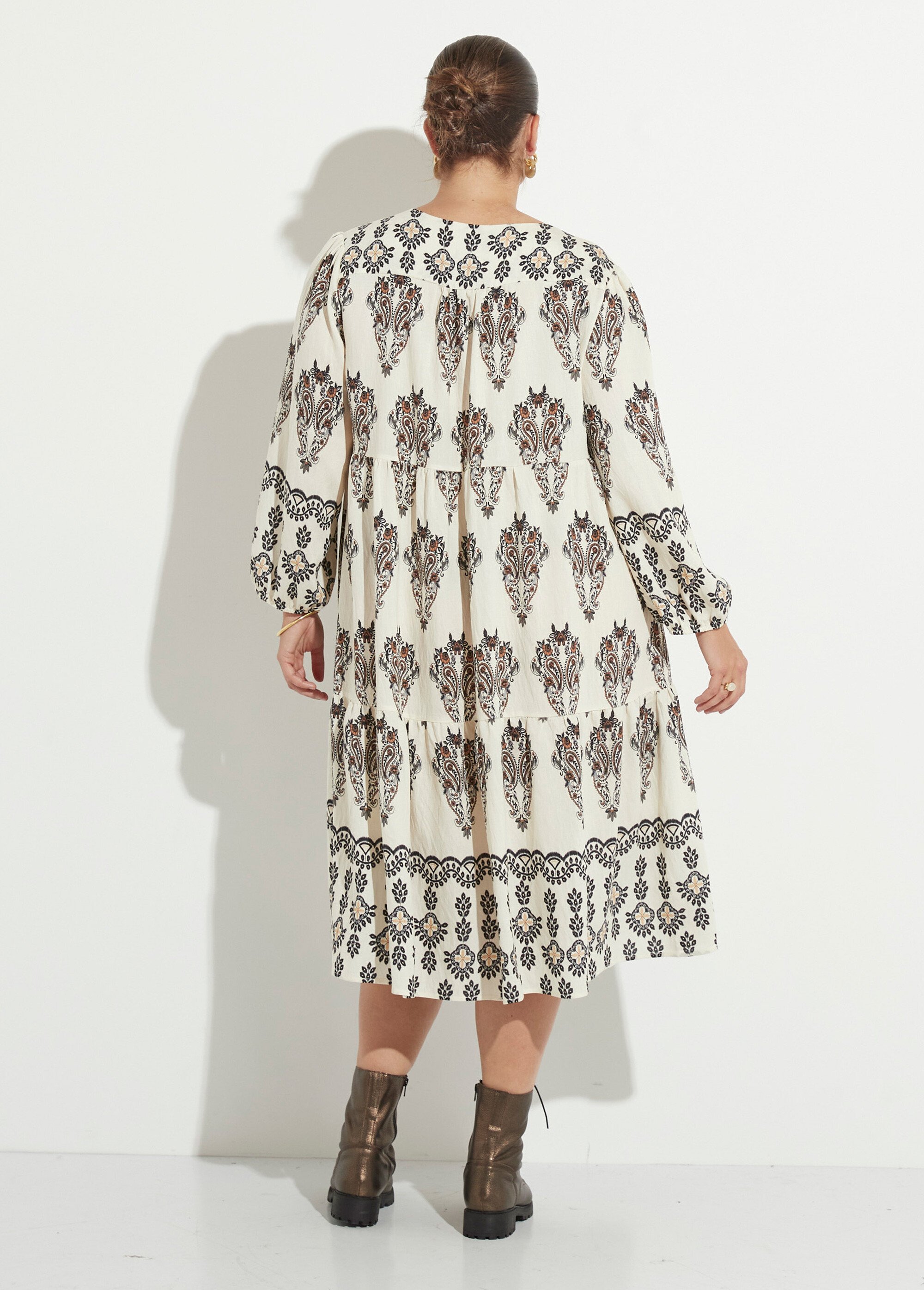Robe volantée col V imprimé broderies Femme Beige CHY-R562-1 DO1