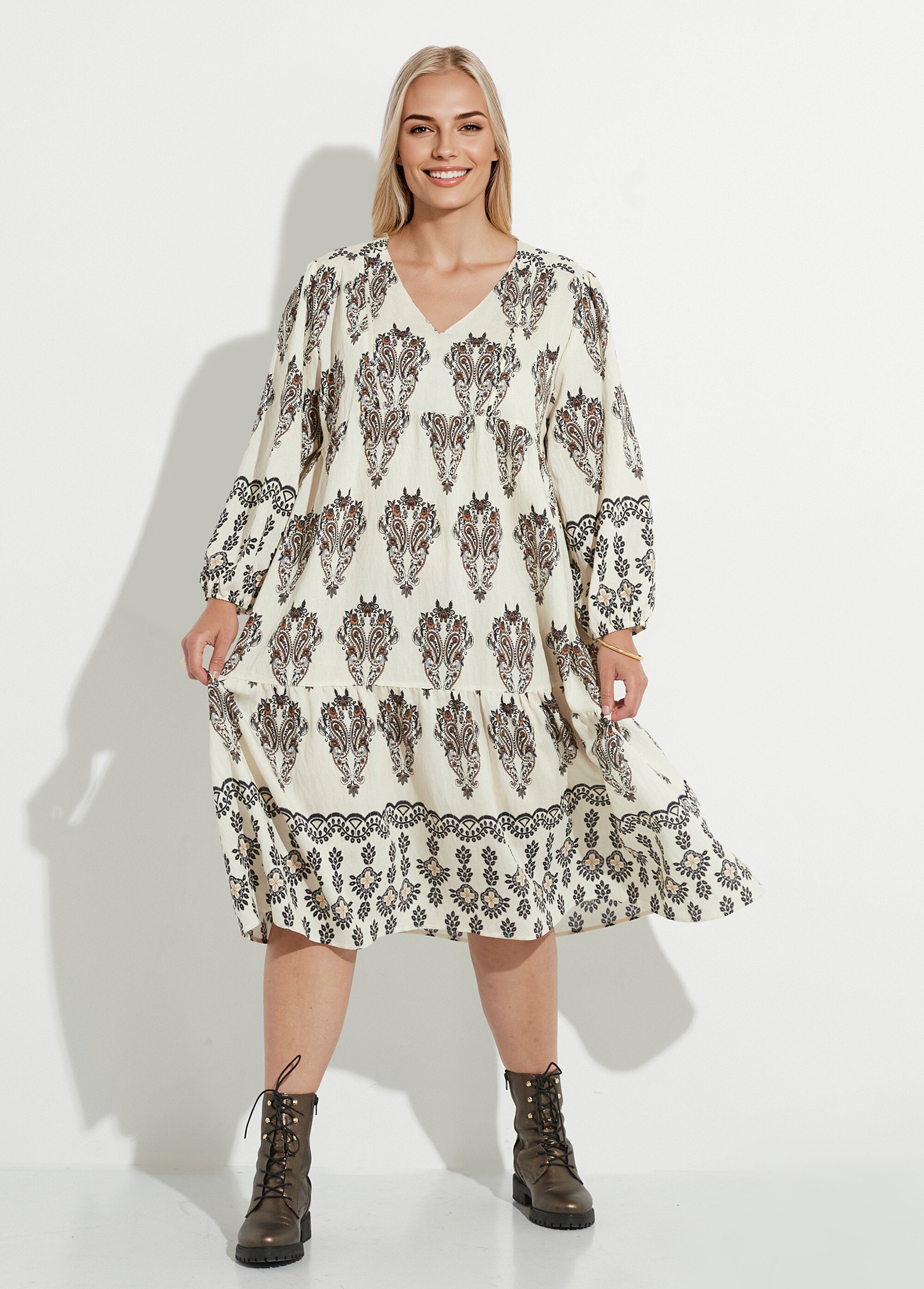 Robe volantée col V imprimé broderies Femme Grande Taille Beige CHY-R562-1 FA1