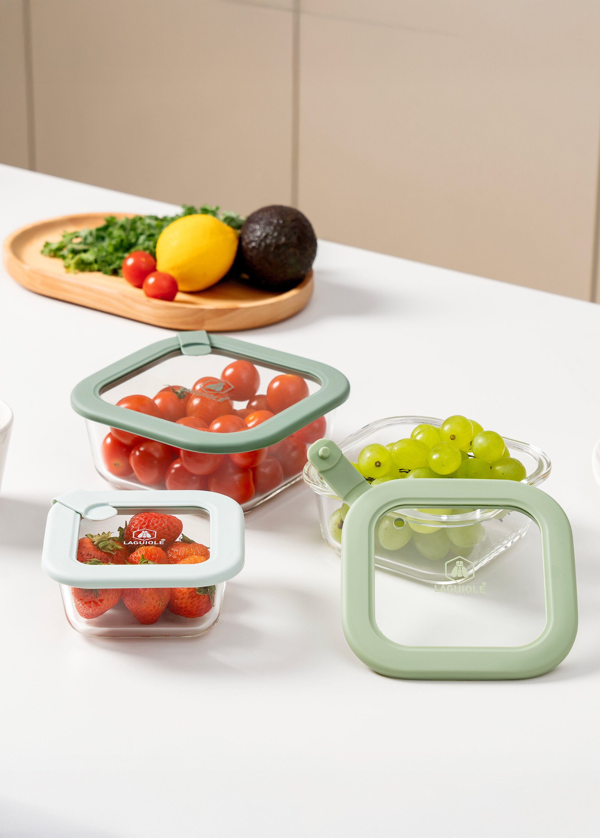 Set 3 boîtes de conservation carrées, verre Vert 9280095 SI1