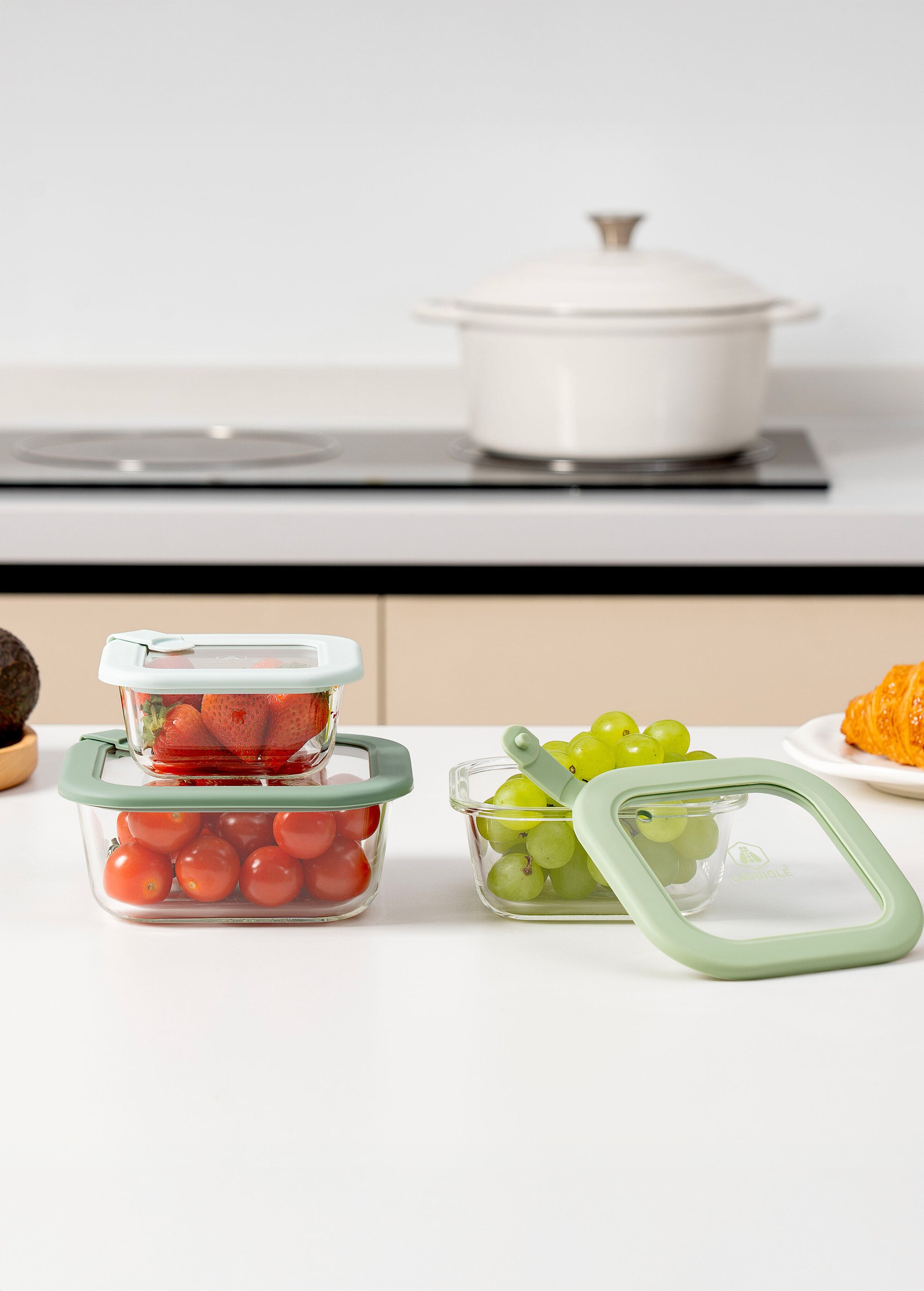 Set 3 boîtes de conservation carrées, verre Vert 9280095 SI2