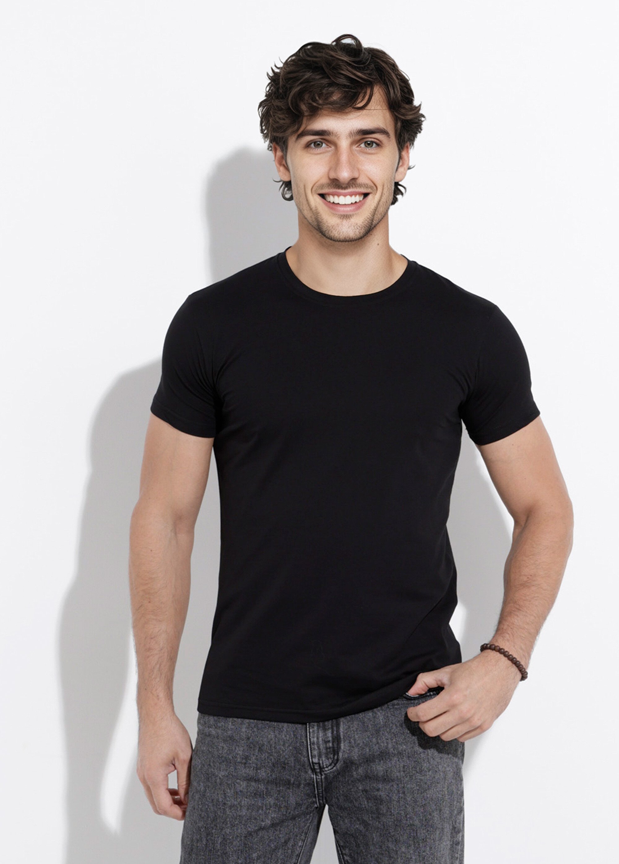 T-shirt col rond coupe ajustée Homme Noir MENW2190 FA1