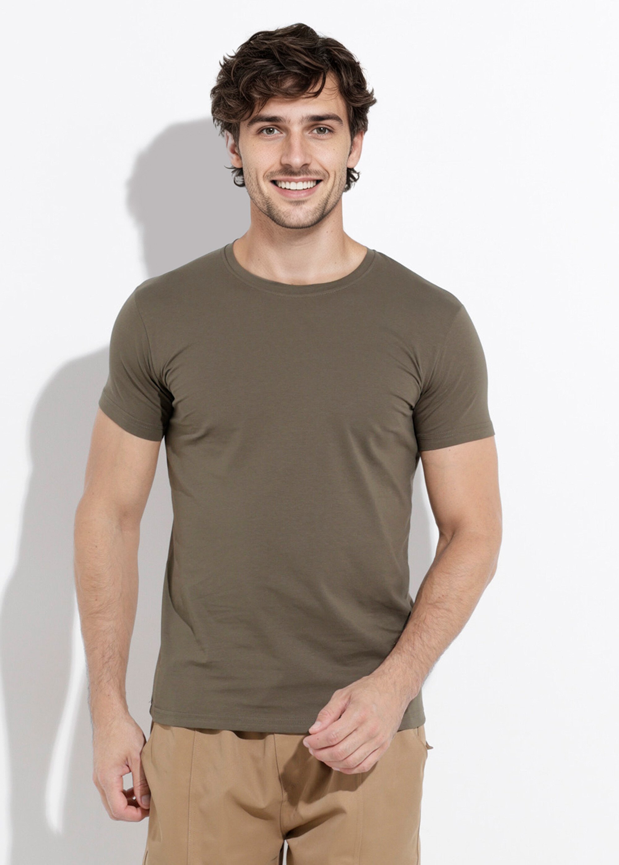 T-shirt col rond coupe ajustée Homme Vert MENW2190 FA1
