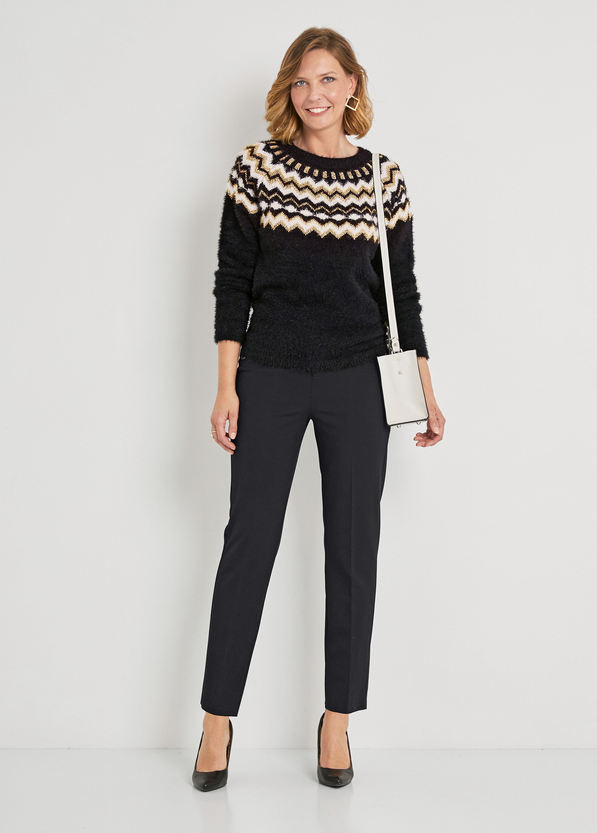 Pull col rond maille poilue jacquard soleil Femme Noir PERELLI SF1