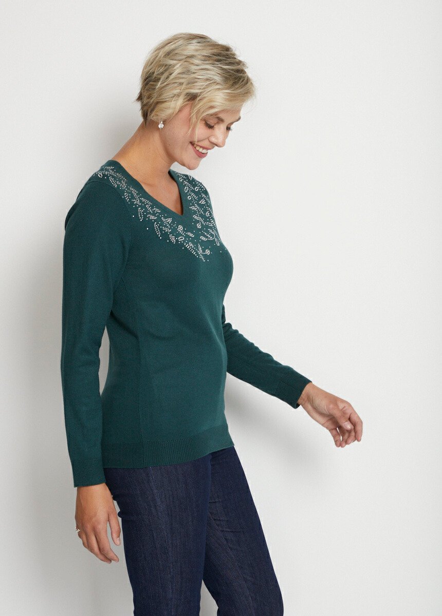 Pull col V strassé manches longues Femme Vert PALANTE DR1