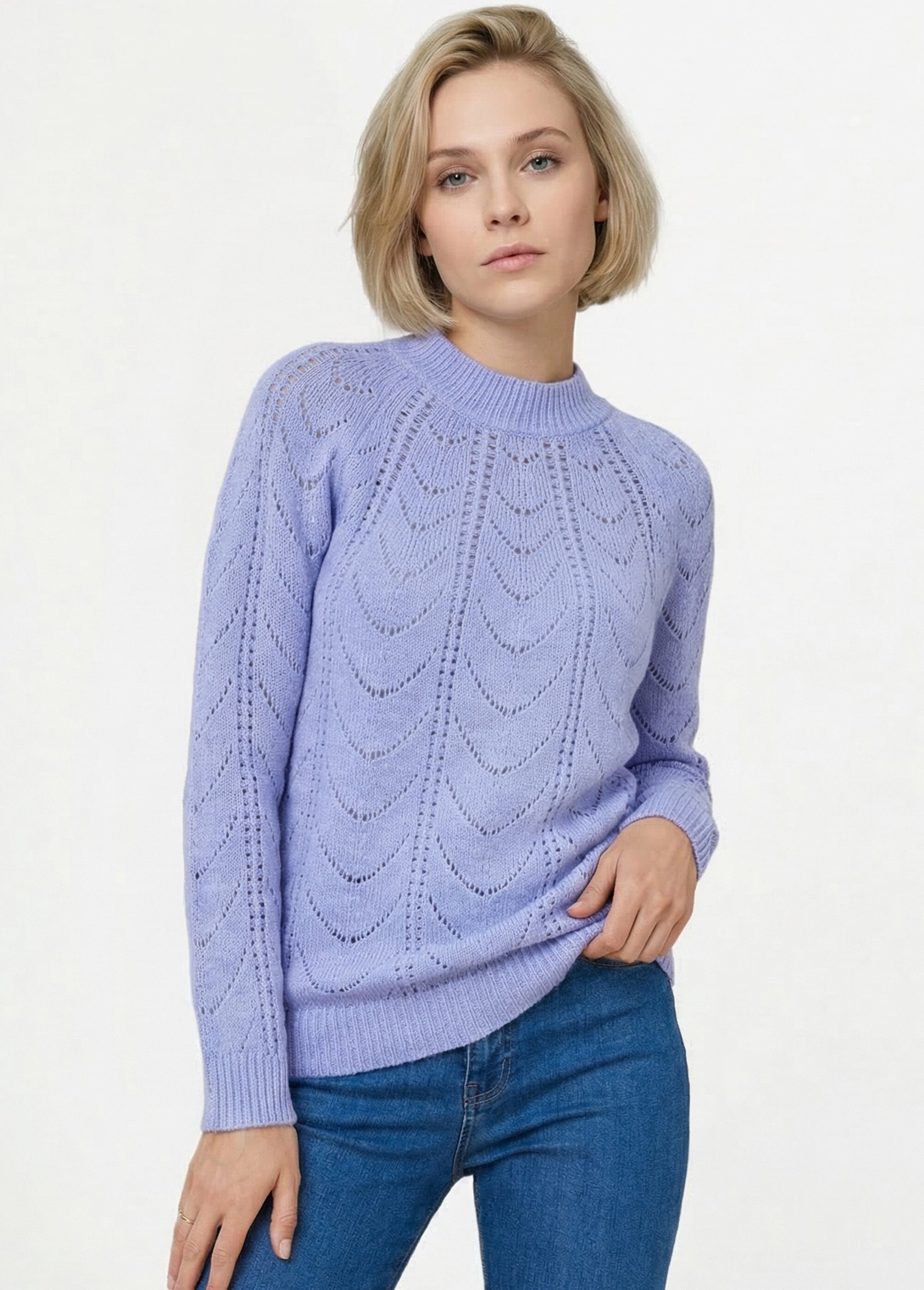 Pull maille chinée ajourée col rond