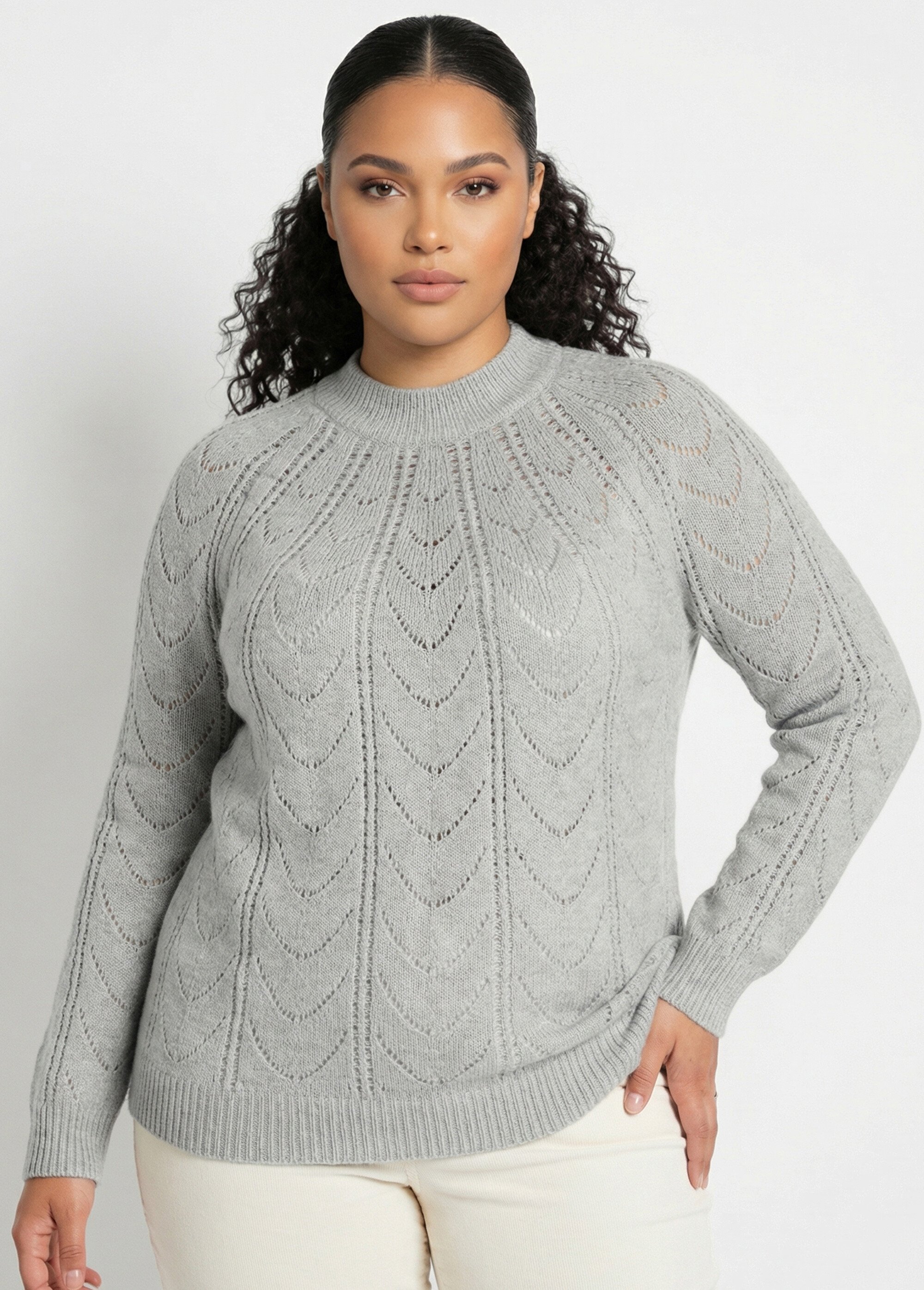 Pull maille chinée ajourée col rond