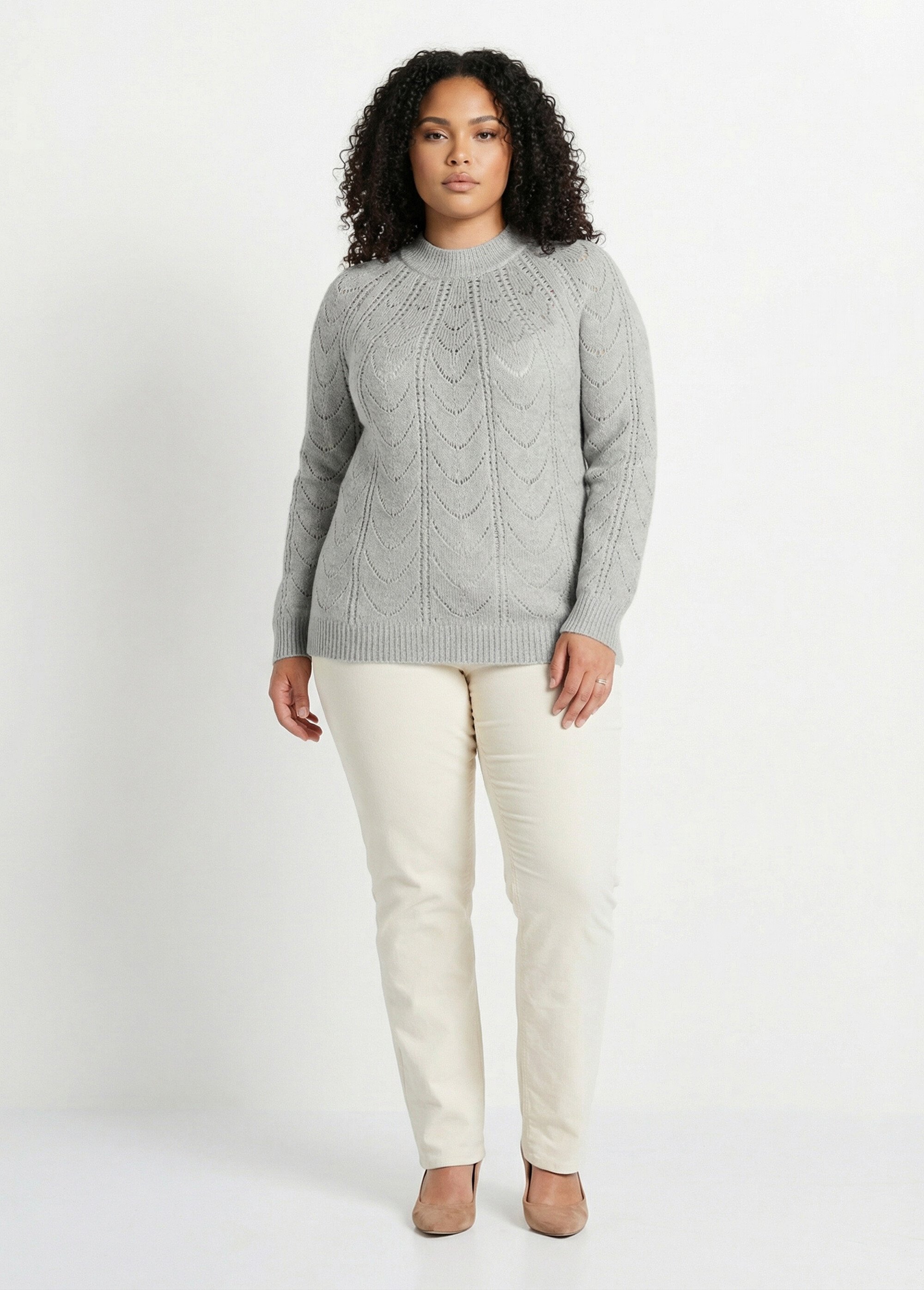 Pull maille chinée ajourée col rond Femme Grande Taille Gris PALAJA SF1