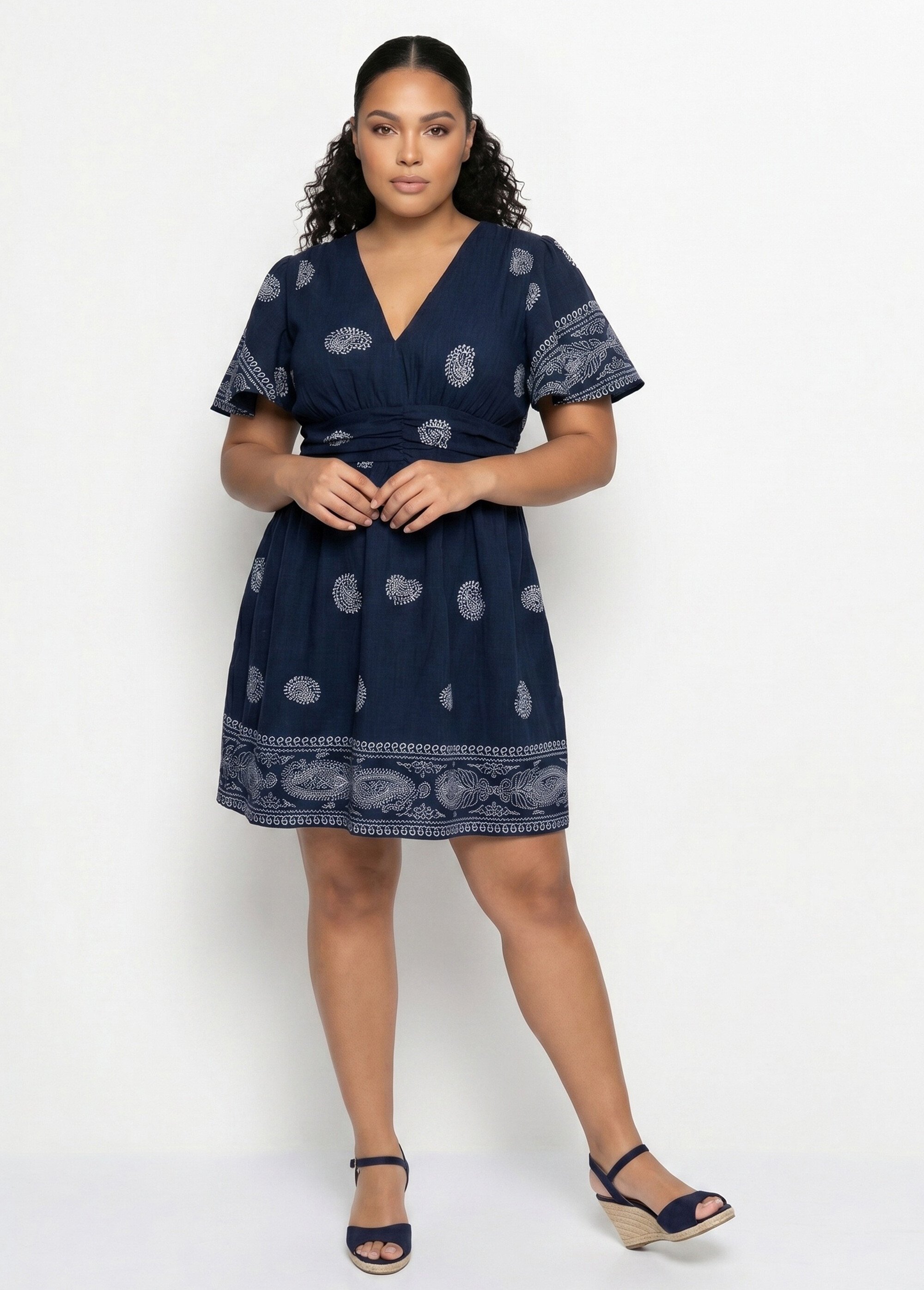 Robe courte col V, motifs ethnique Femme Grande Taille Bleu MA-1163-2337 FA1