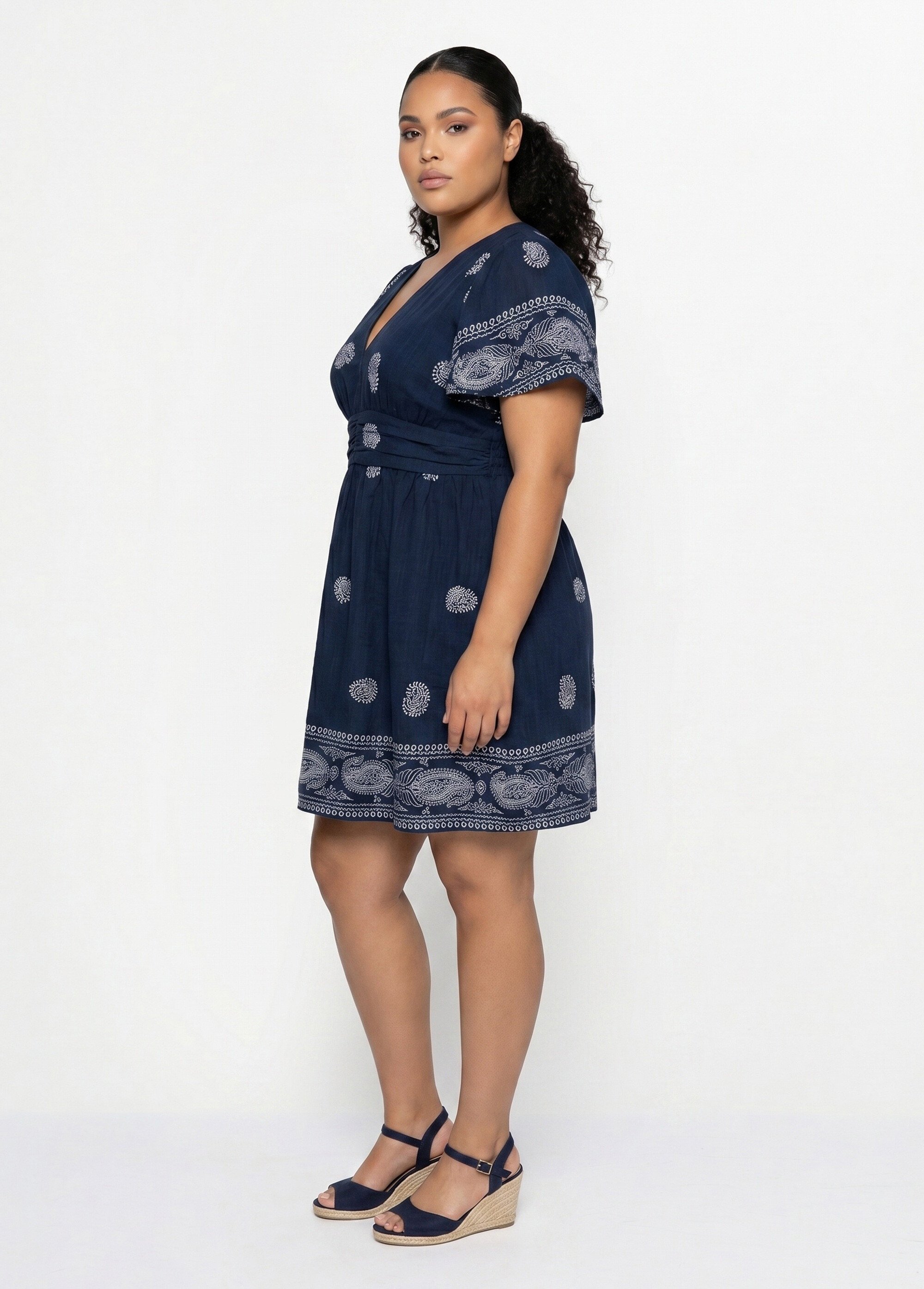 Robe courte col V, motifs ethnique Femme Grande Taille Bleu MA-1163-2337 GA1
