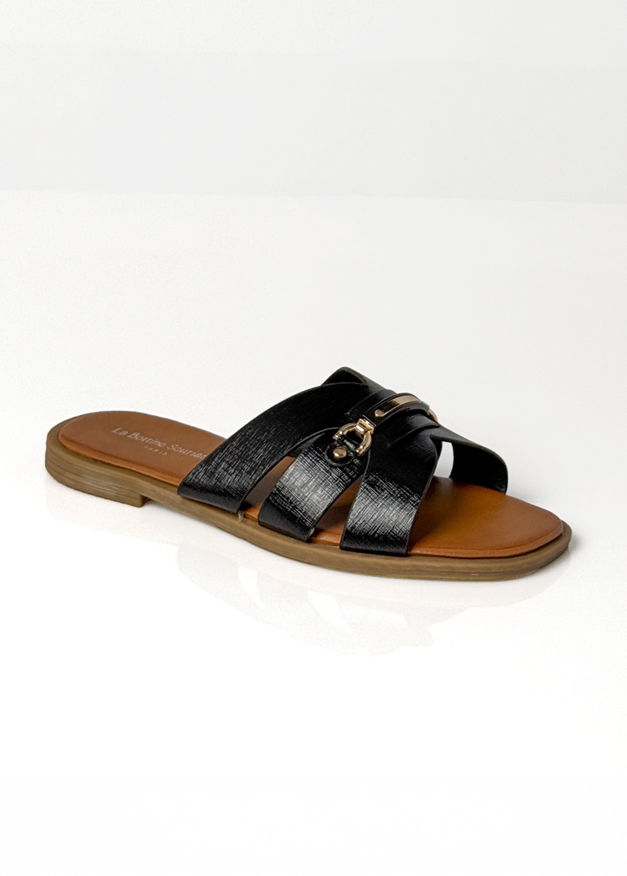Sandales chic simili cuir, détails métal