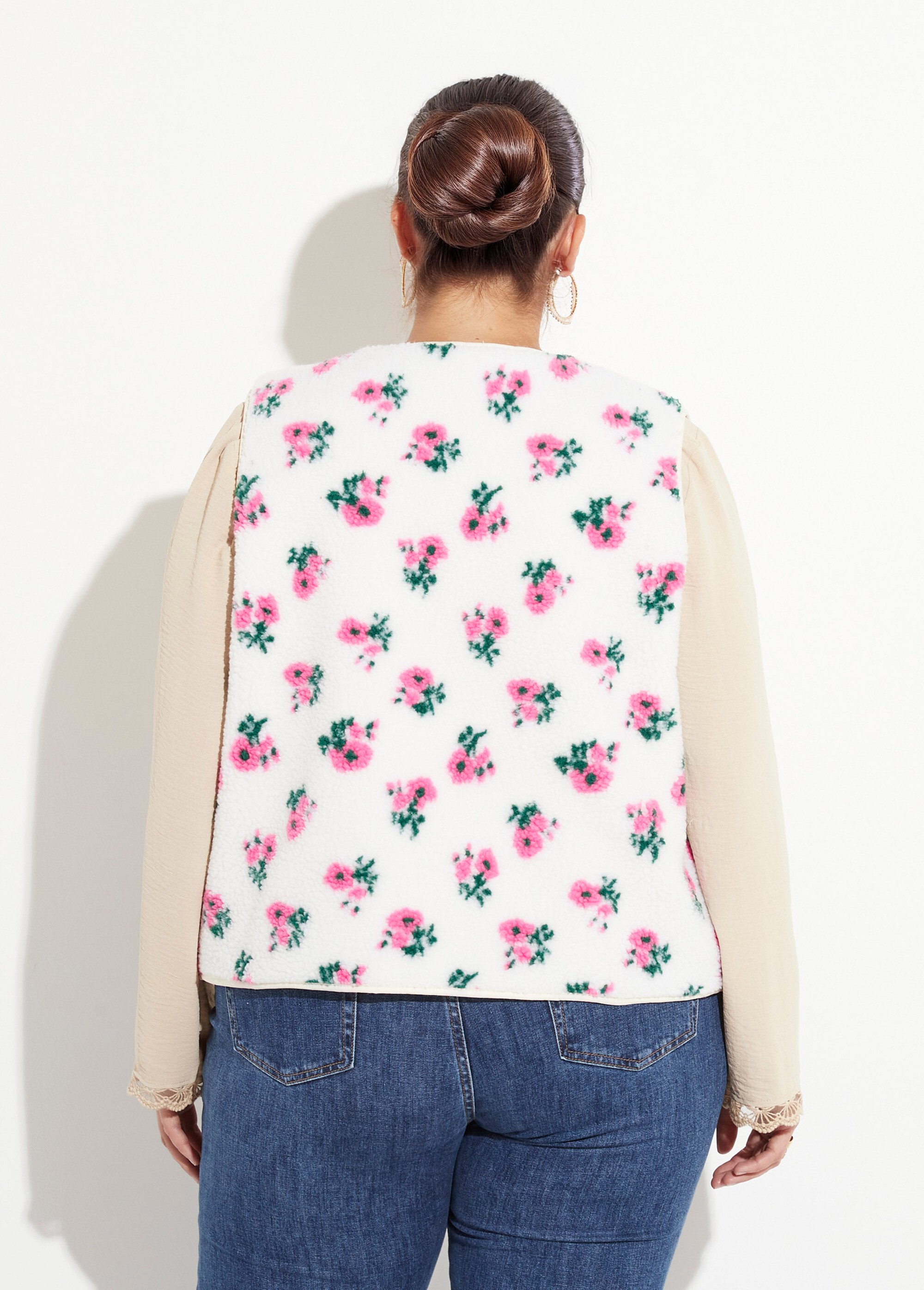 Gilet de berger sans manches, fleuri Femme Grande Taille ECRU ET ROSE MAE-M795-5-2059 DO1