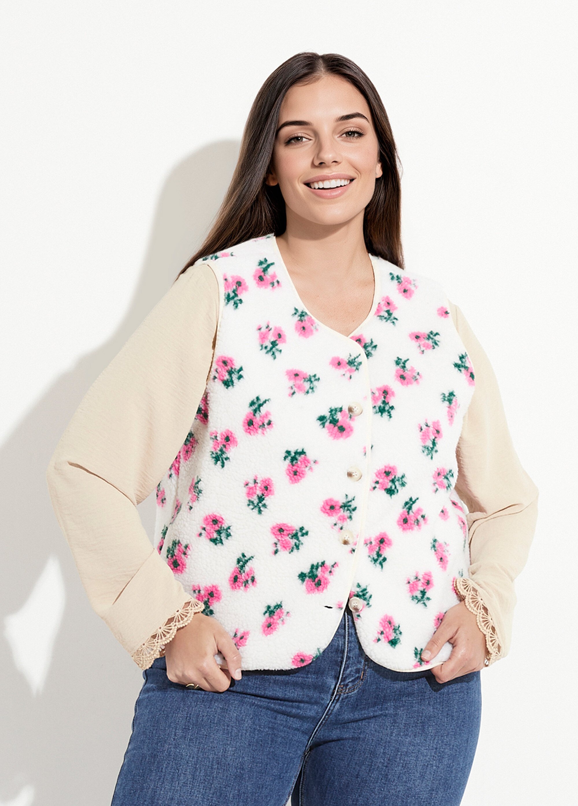 Gilet de berger sans manches, fleuri Femme Grande Taille ECRU ET ROSE MAE-M795-5-2059 FA1