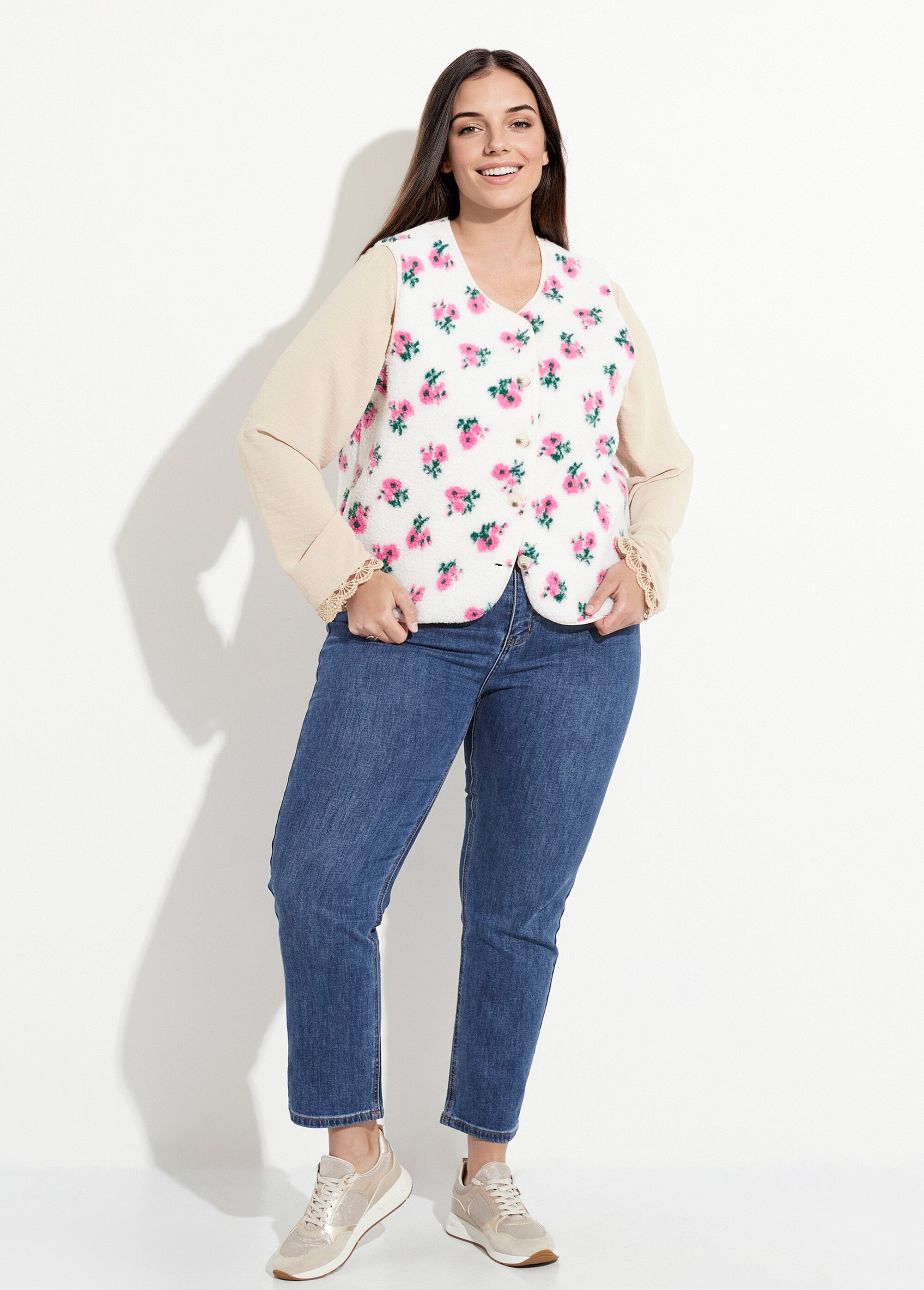 Gilet de berger sans manches, fleuri Femme Grande Taille ECRU ET ROSE MAE-M795-5-2059 SF1