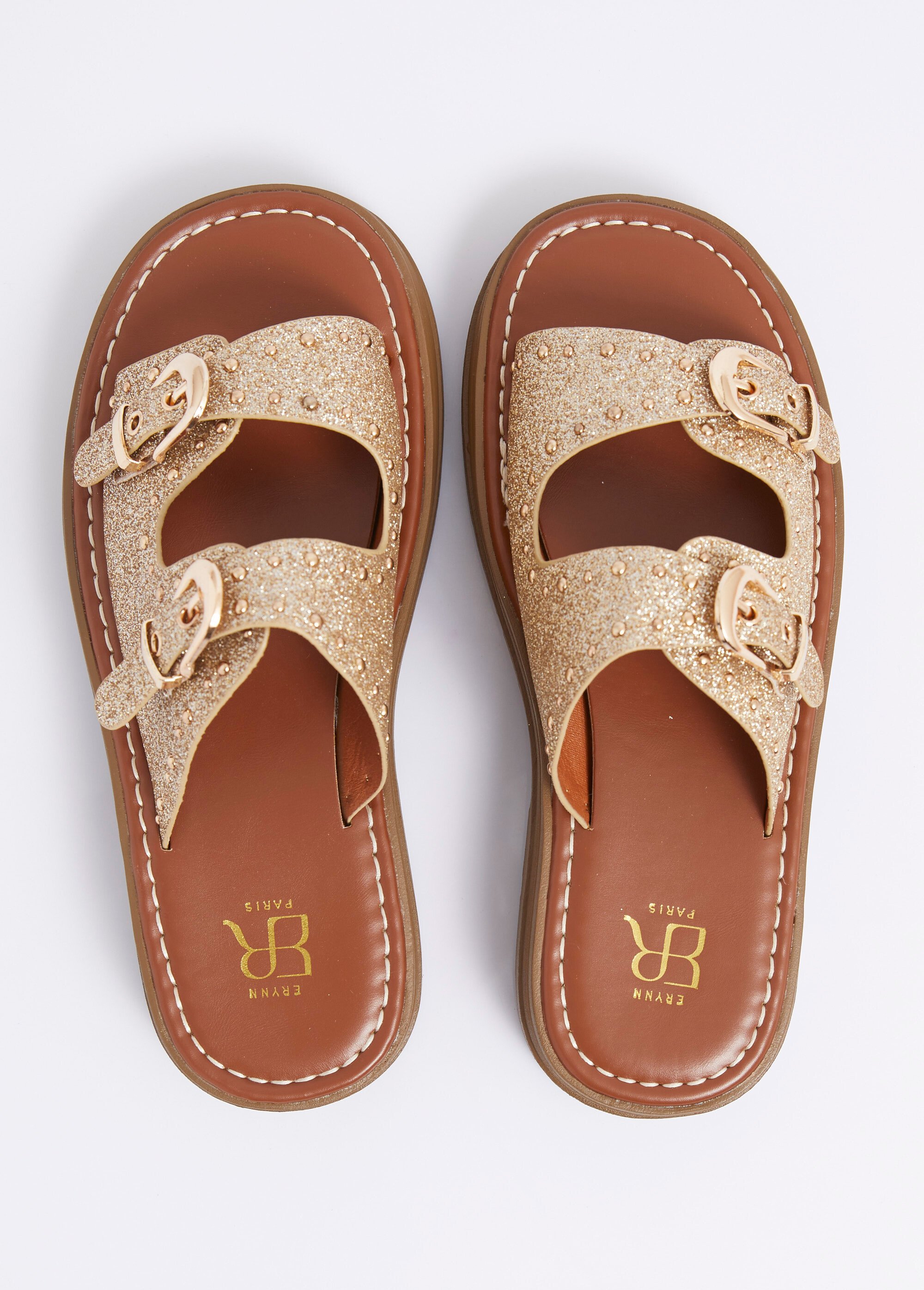 Mules brides cloutées, semelle crantée Femme Doré ERY903-628 OV1