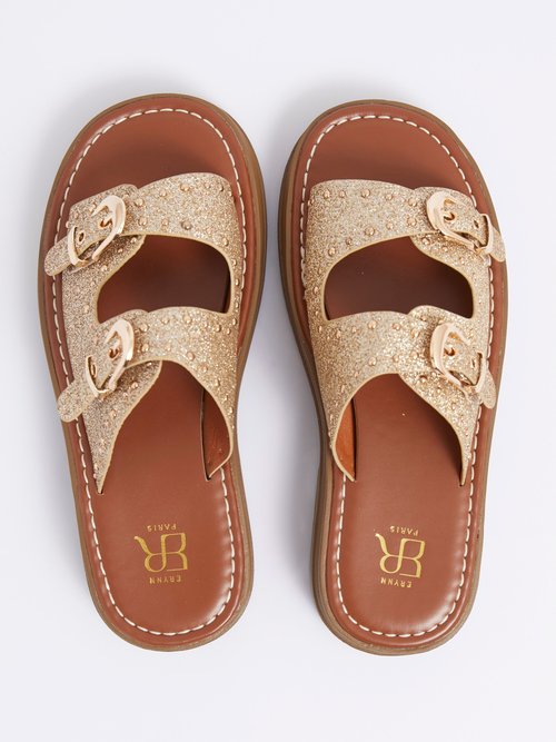 Mules brides cloutées, semelle crantée Femme Doré ERY903-628 OV1