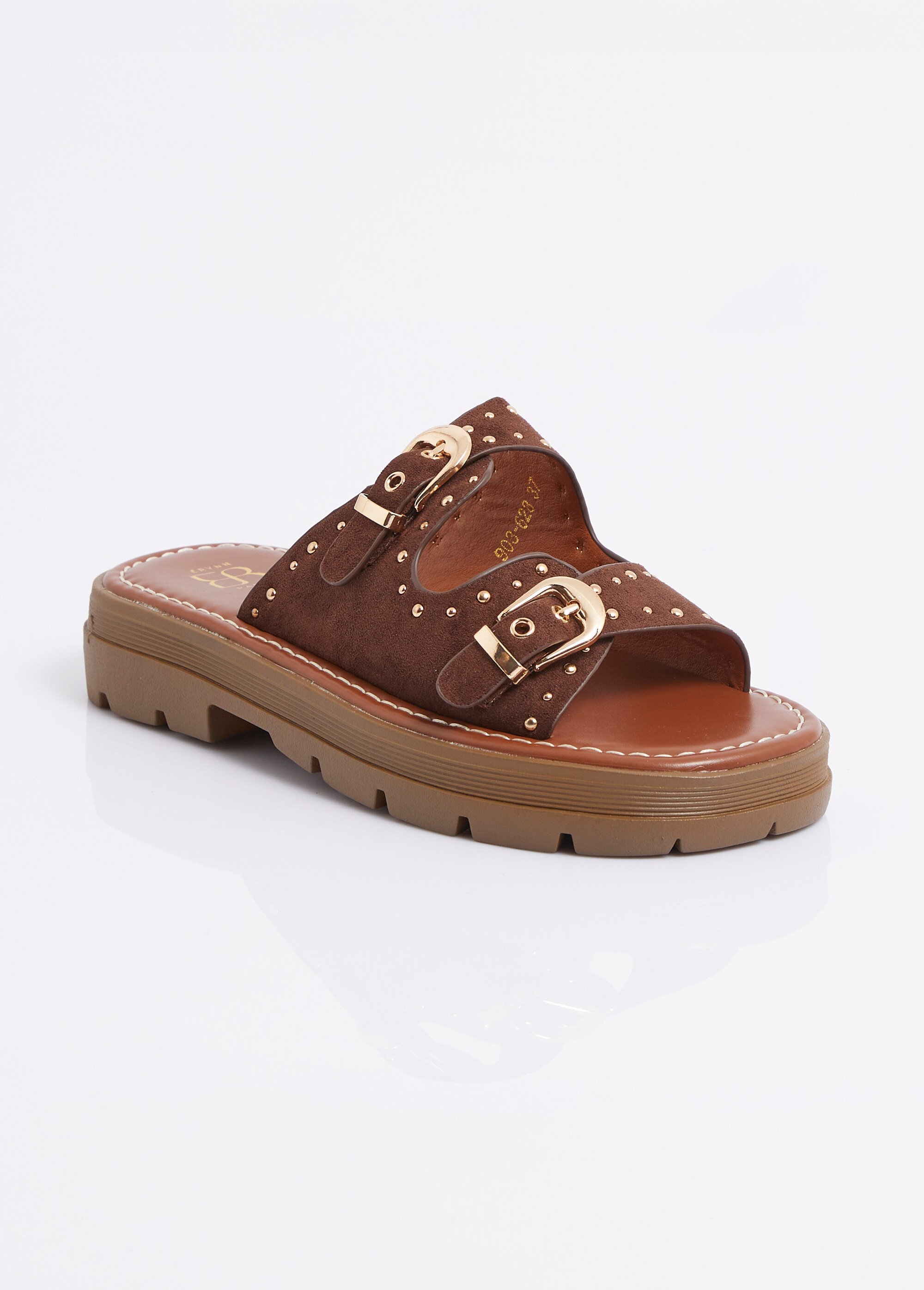 Mules brides cloutées, semelle crantée Femme Marron ERY903-628 FA1