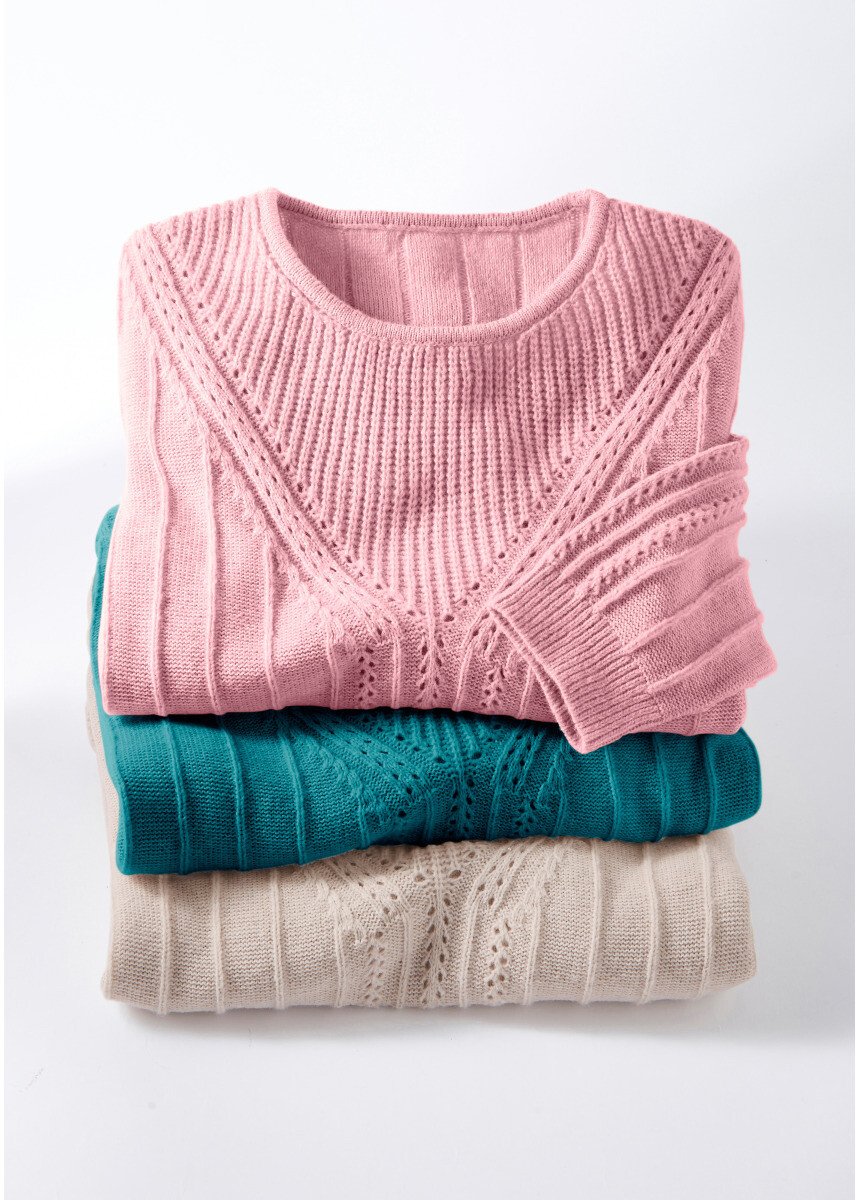Pull en maille perlée, côtelée et ajourée