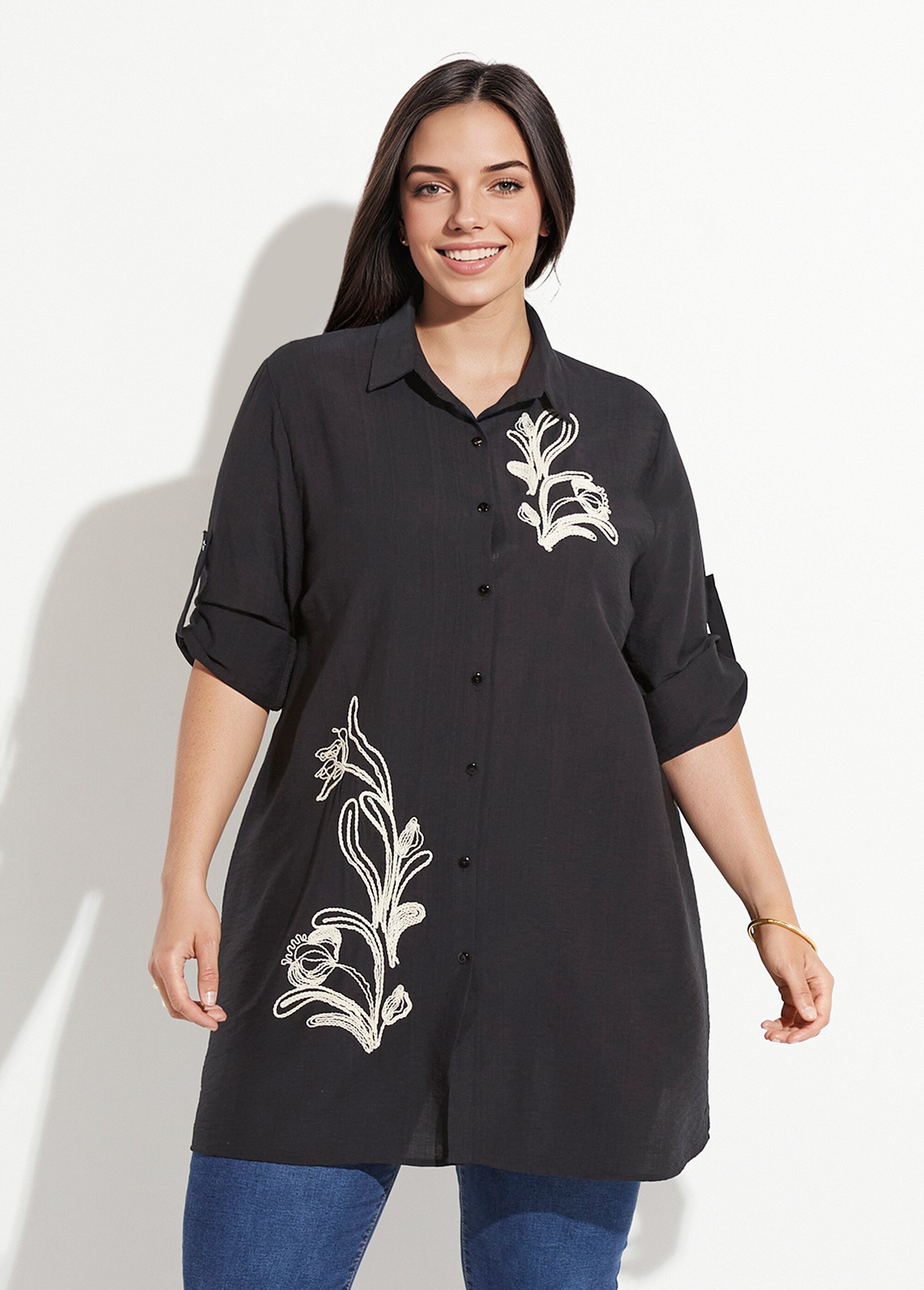Robe chemisier courte avec broderies Femme Grande Taille Noir CHY-F536 FA1